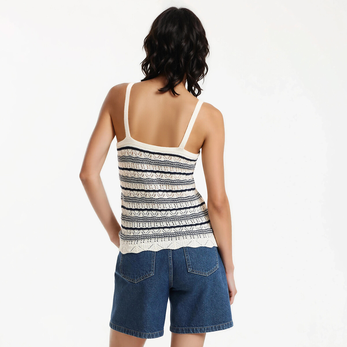 Débardeur en fine maille ajourée rayé noir/écru, LA REDOUTE COLLECTIONS