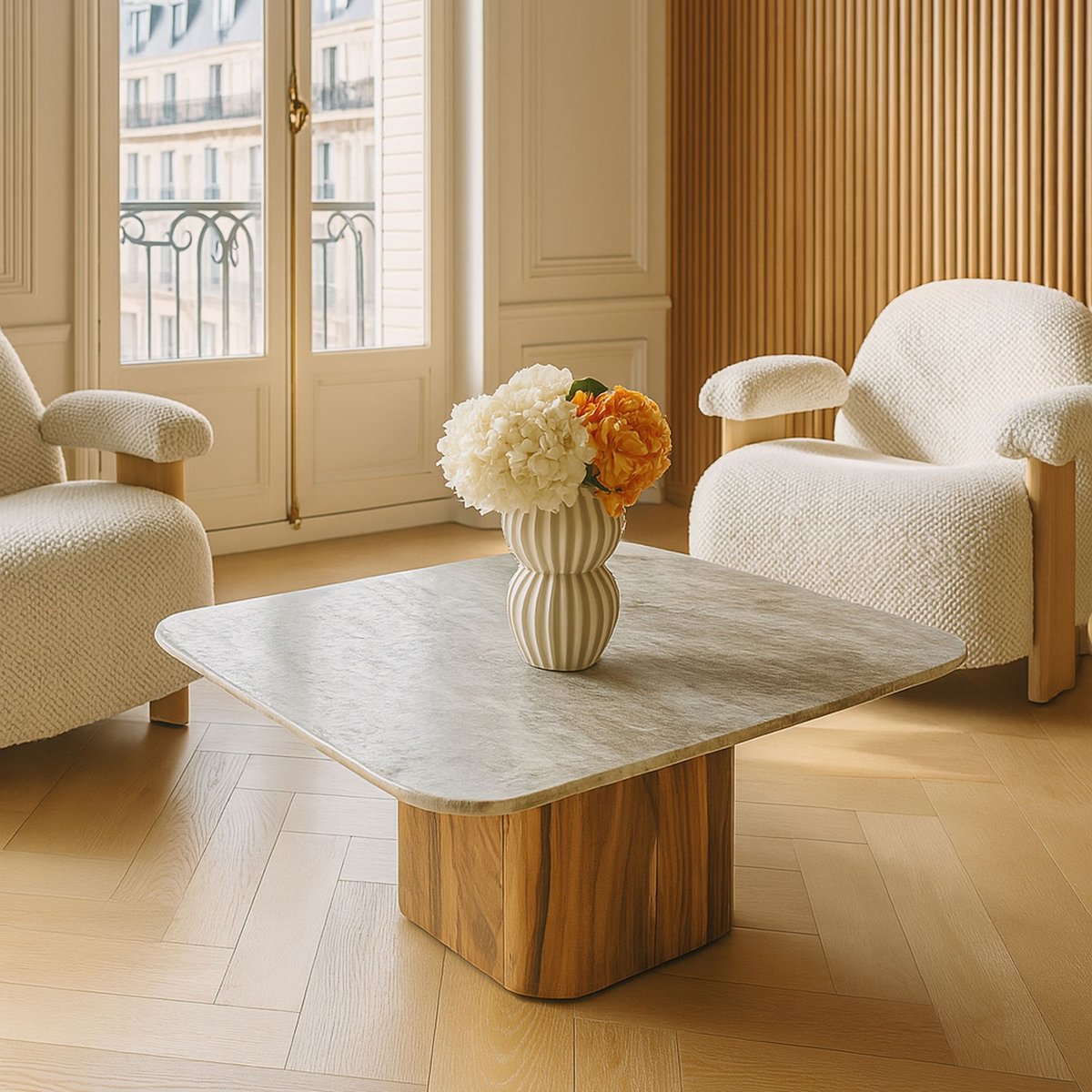Table basse en marbre et pied en bois d'acacia, BERGEN gris, NOW'S HOME
