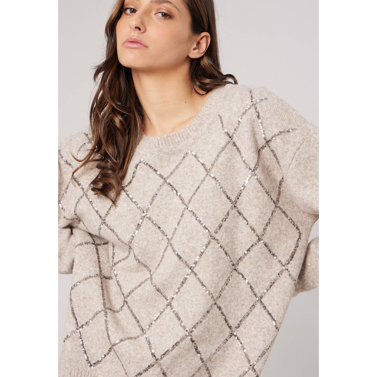Pull femme maille douce motif losanges à sequins VANESS taupe clair, DEELUXE