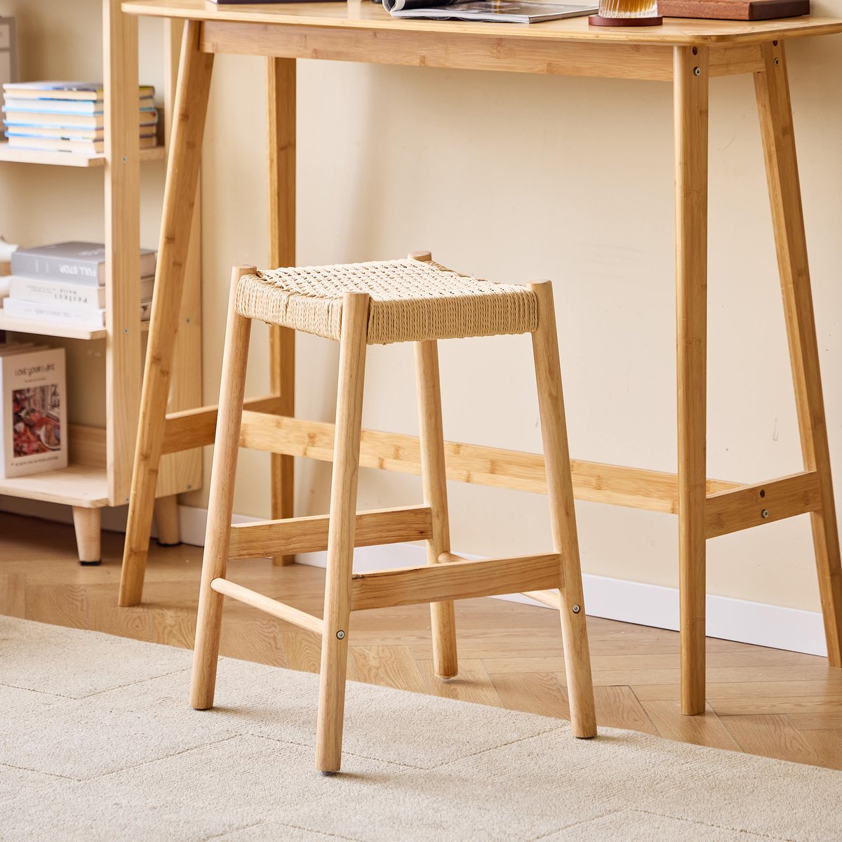 Lot de 2 tabourets de bar, bois massif et corde, SALTA coloris naturel, NORDLYS