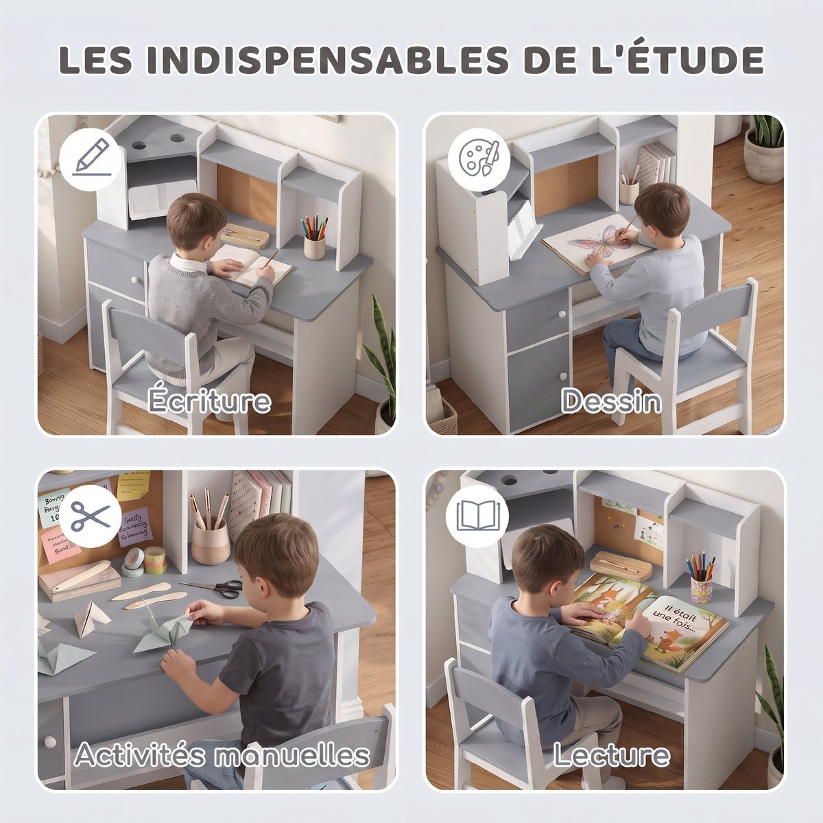 Bureau d'étude pour enfants avec chaise MDF gris et blanc, AIYAPLAY