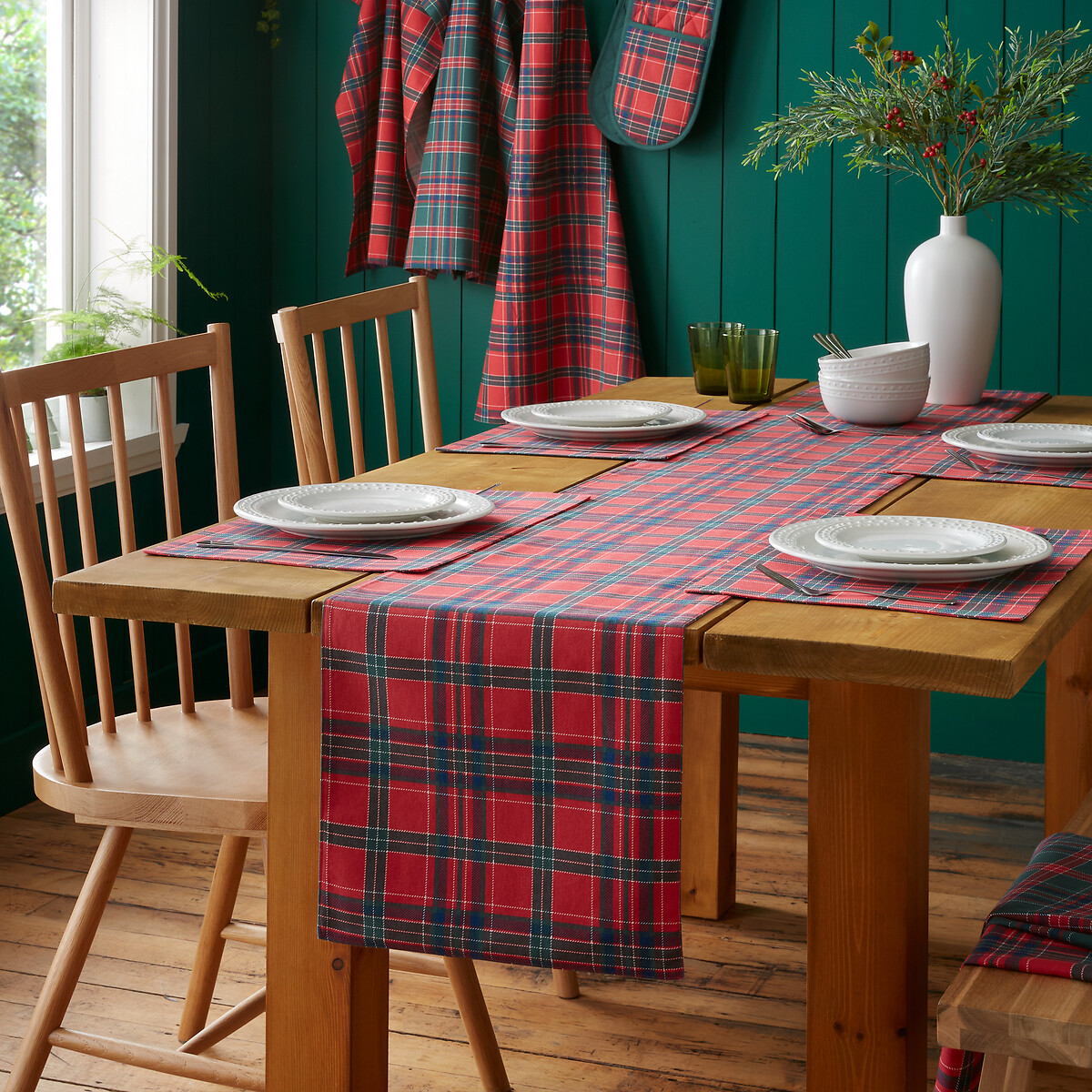 Tartan Check Christmas Cotton Reversible Dining Table Runner red/green, CATHERINE LANSFIELD