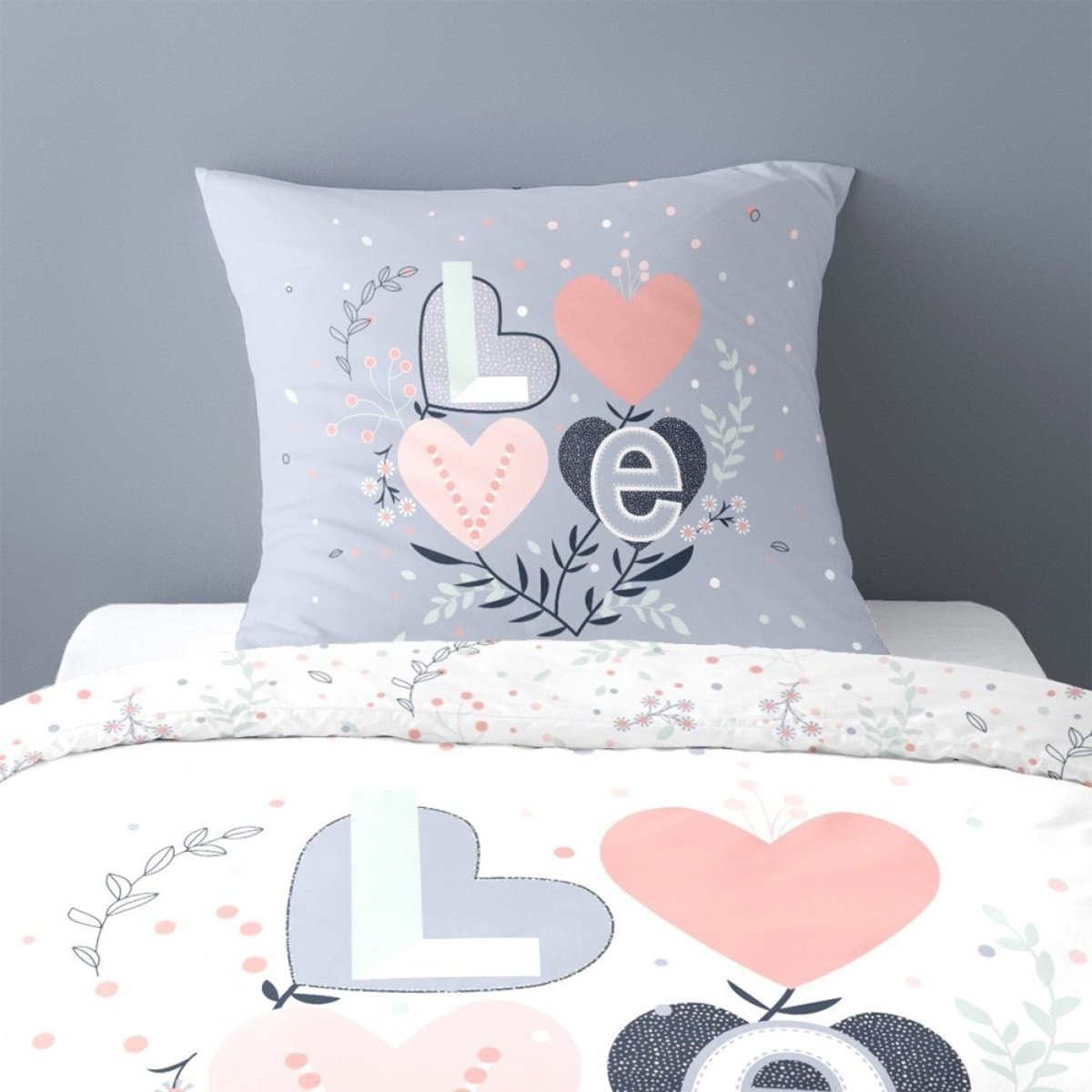 Housse de couette 140x200 Love Celia + taie polycoton blanc, DECORATIE
