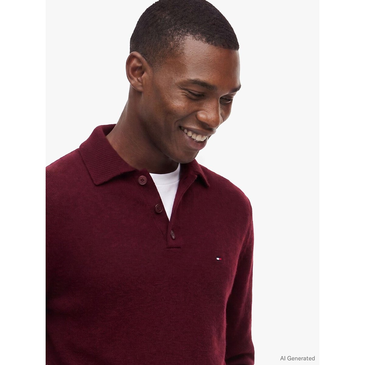 Pull col boutonné, en laine bordeaux, TOMMY HILFIGER