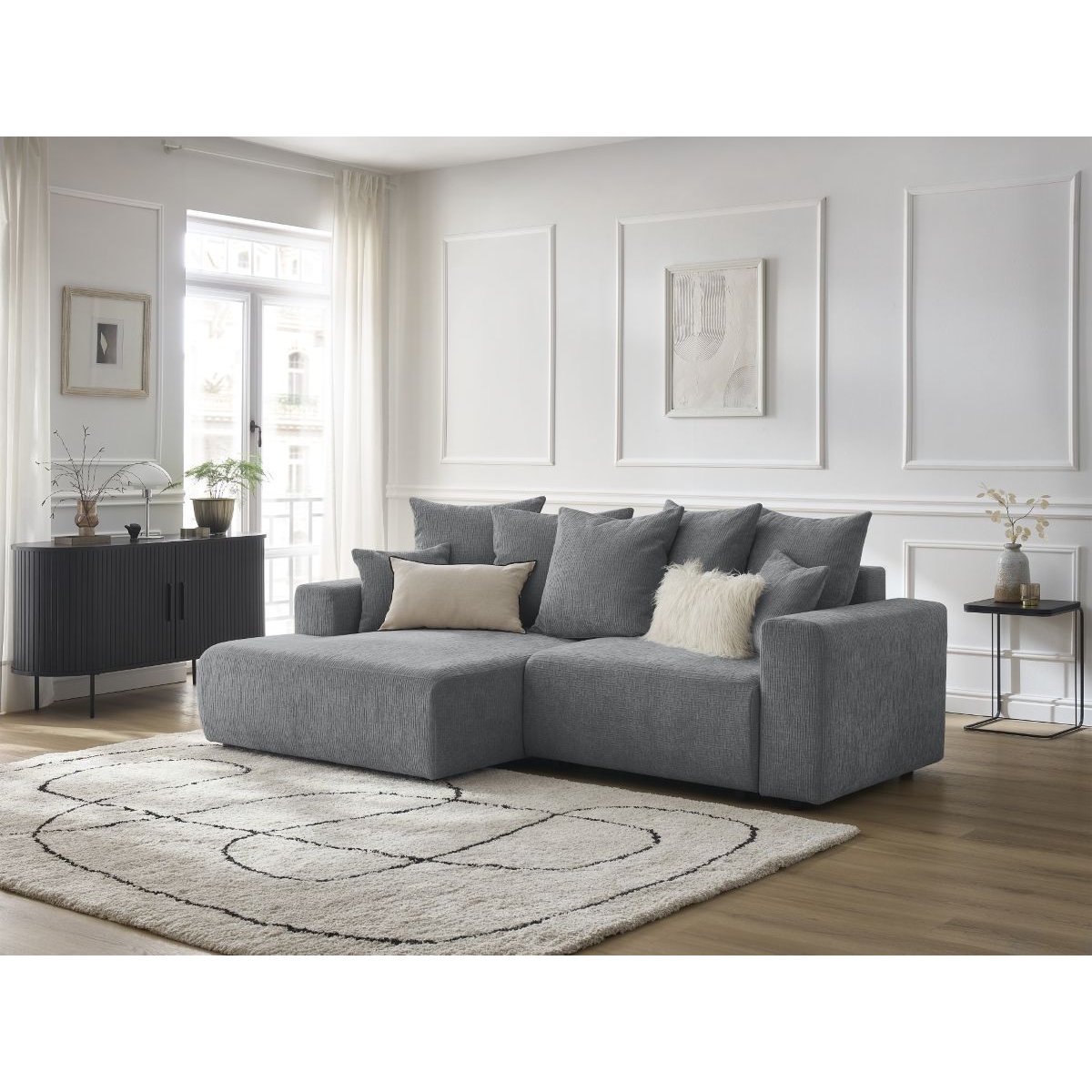 Canapé d'angle convertible 4 places en tissu texturé, ATILLA gris foncé, BOBOCHIC