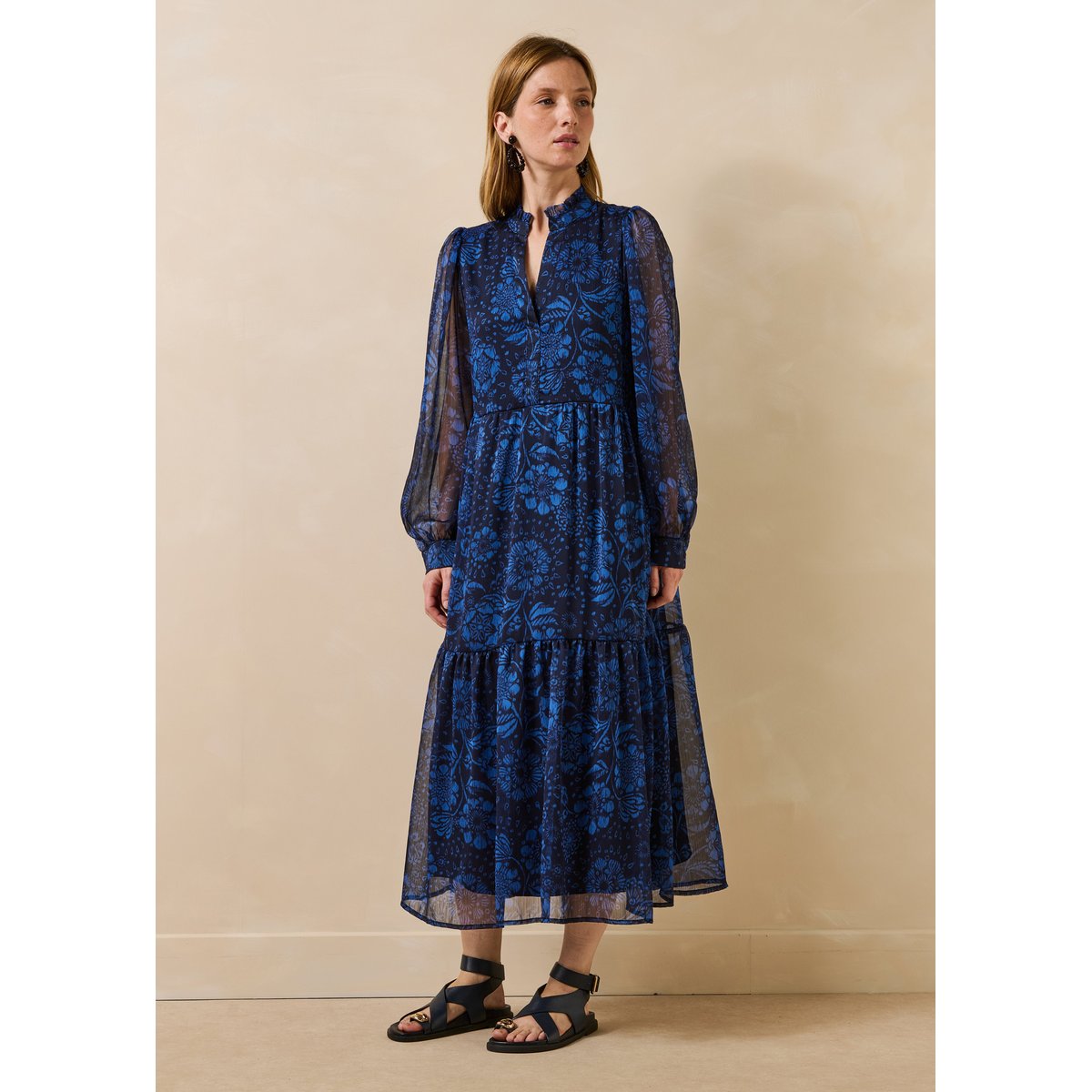 Robe longue à imprimé fleuri manches longues bleu, LA FEE MARABOUTEE