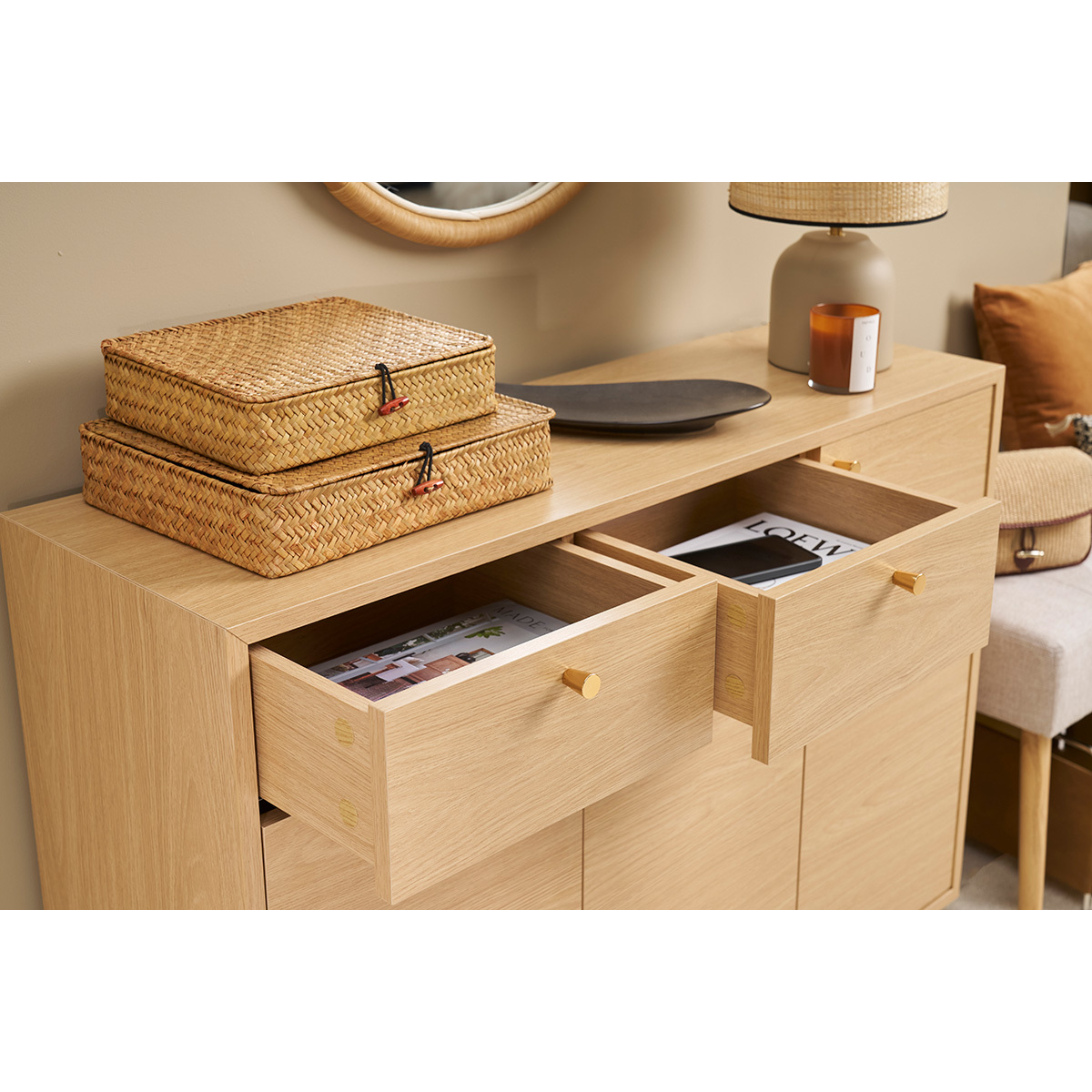 Meuble d'entrée - meuble de rangements à chaussures finition bois clair chêne et métal doré L110 cm SILVESTRE chêne clair, MILIBOO