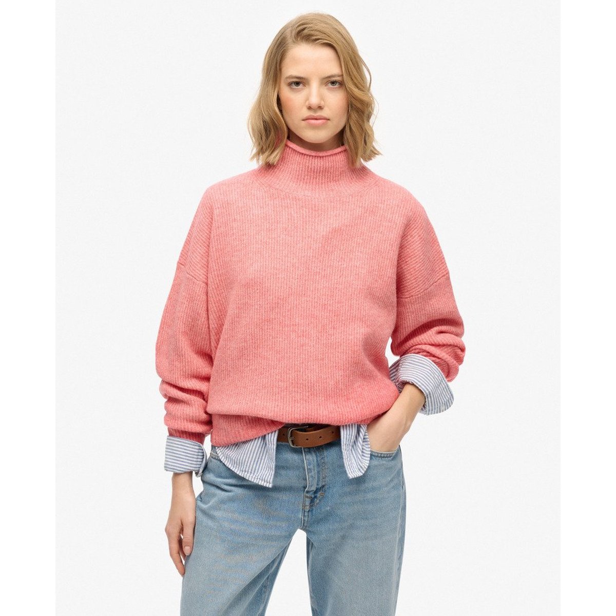 Pull col rond en grosse maille rouge brut twist, SUPERDRY