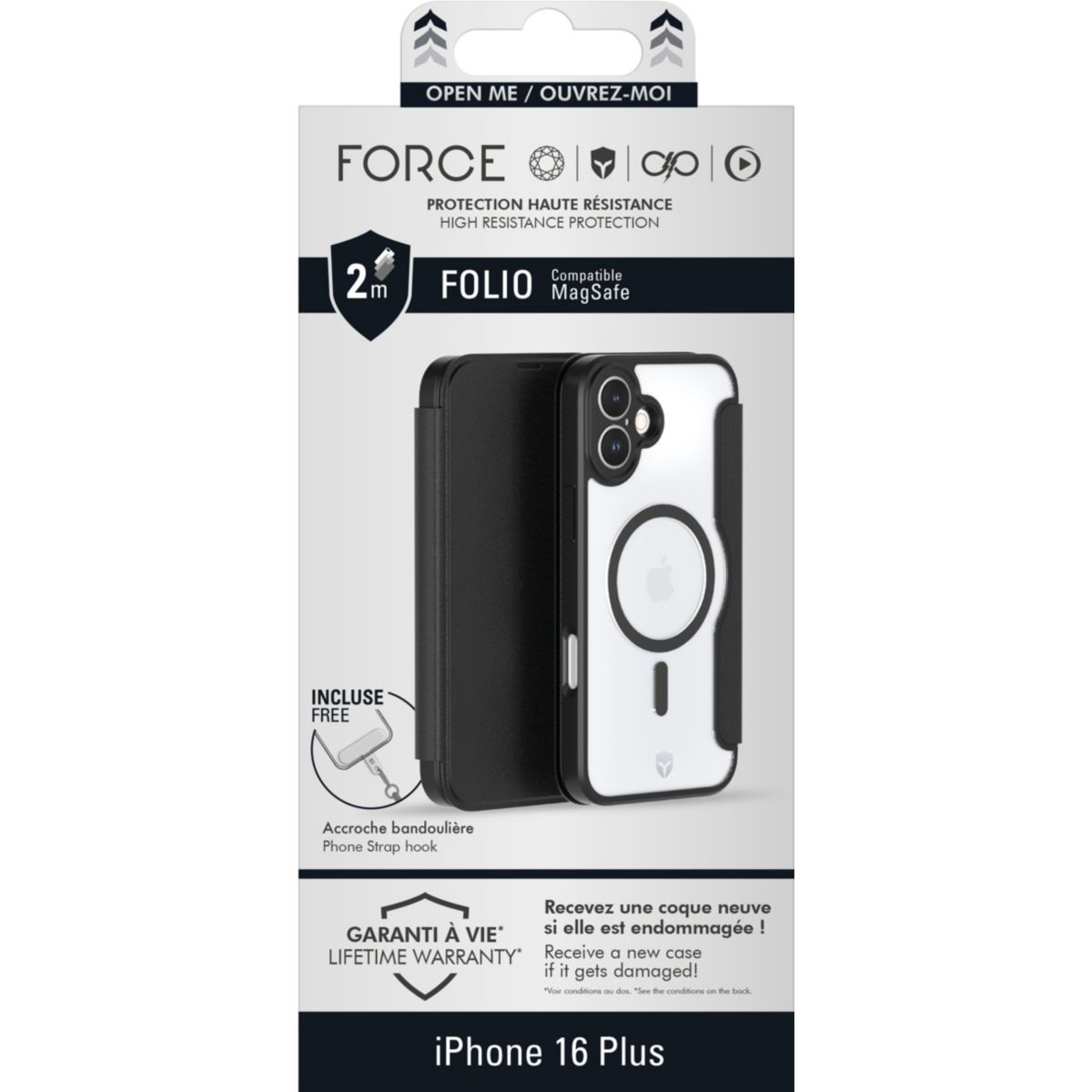 Coque étui iPhone 16 Plus MagSafe renforcé Noir couleur unique, FORCE CASE