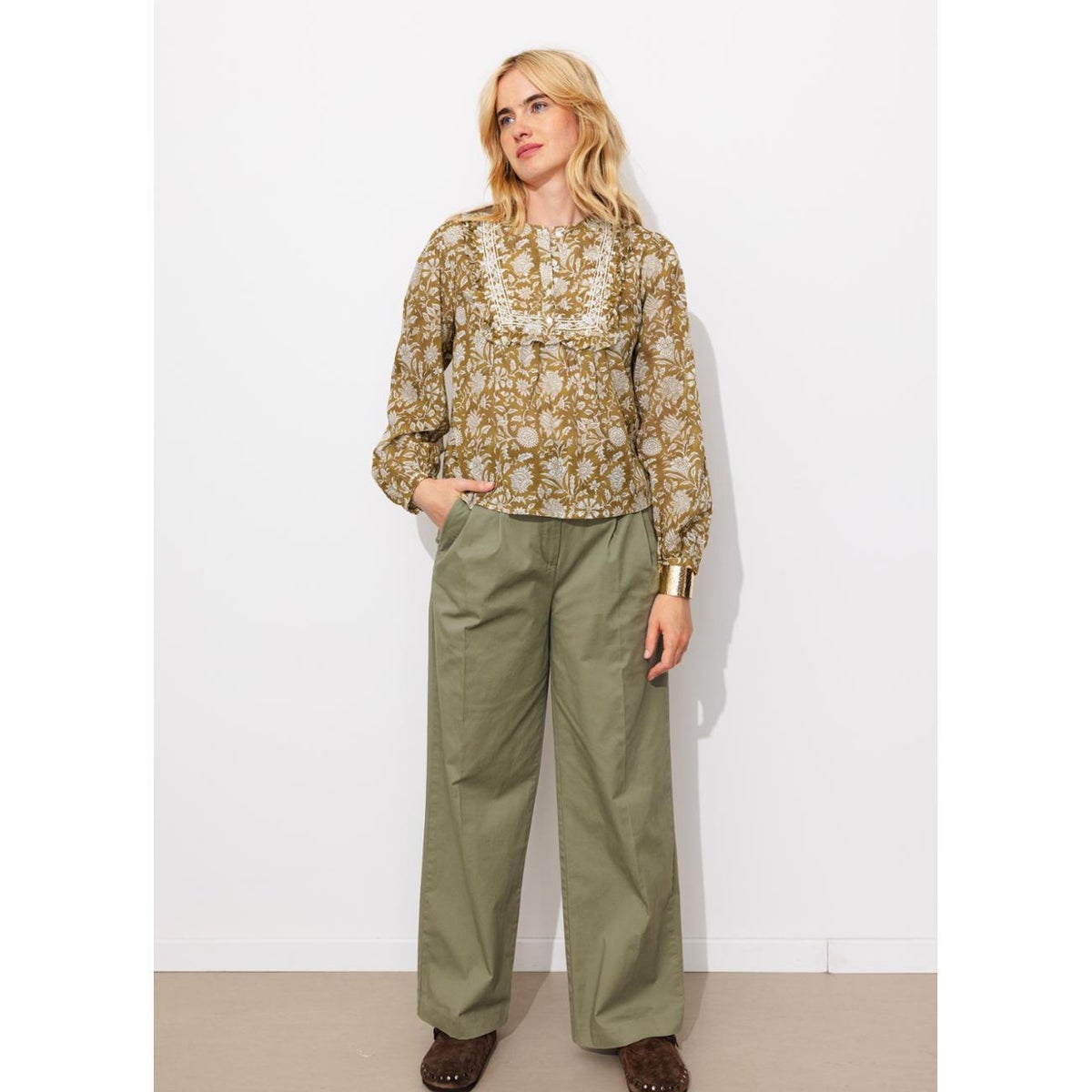 Blouse fleurie à plastron imprimé vert, PROMOD