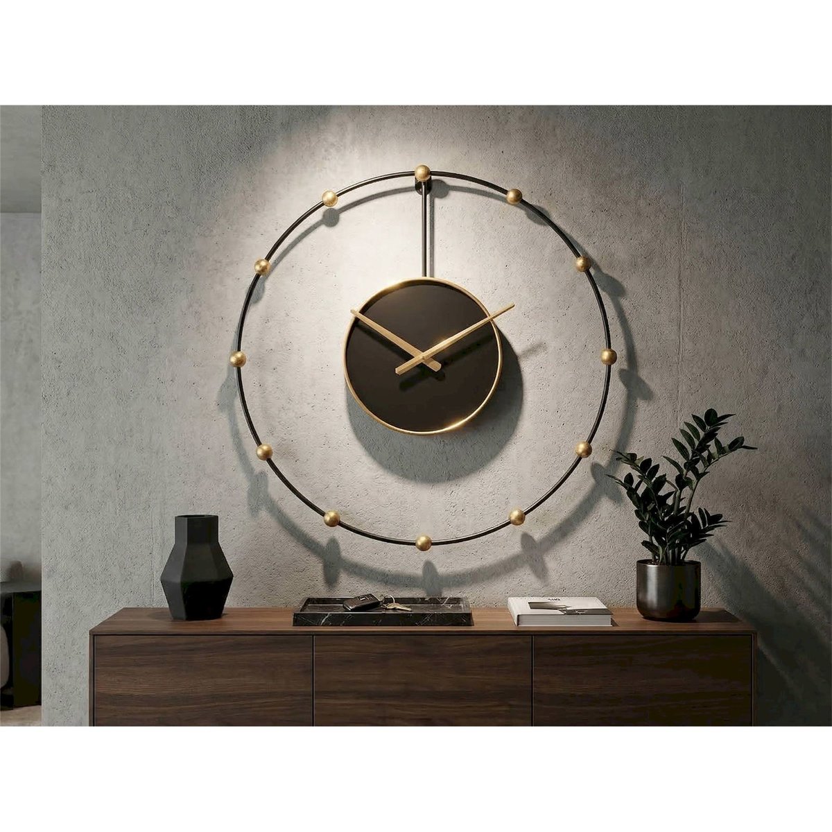 Horloge murale ronde en fer style glamour GLAM noir et doré, RECOLLECTION