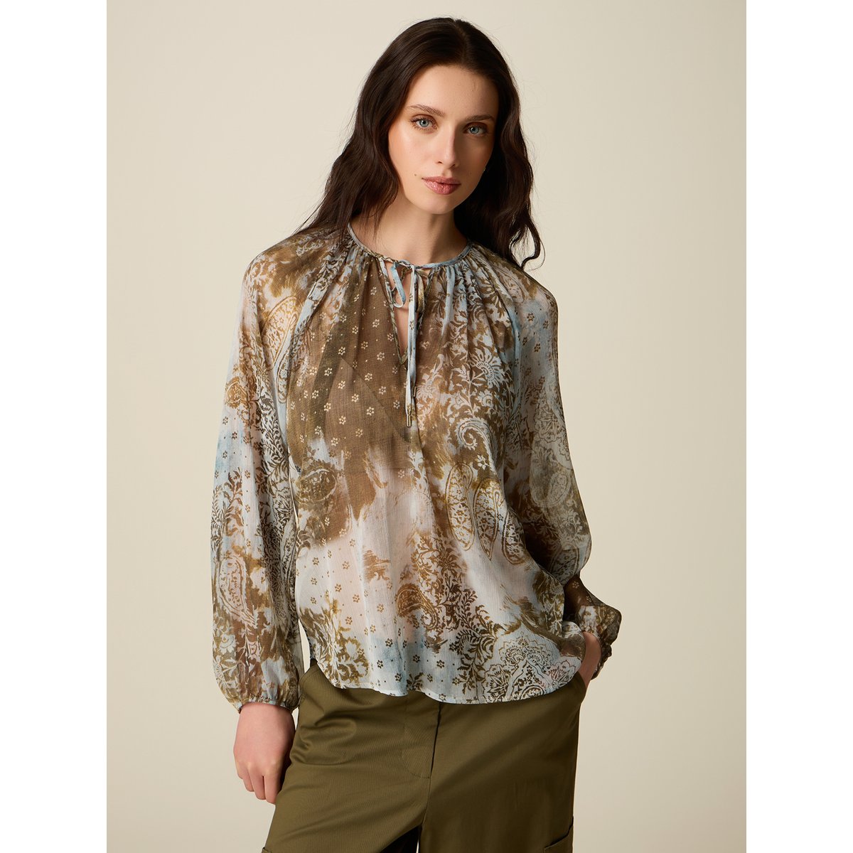 Blouse à motifs avec manches longues marron, OLTRE