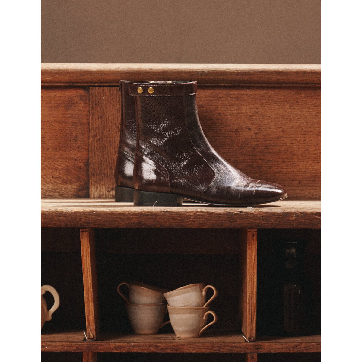 Bottines FIBI cuir plissé verni chocolat, ODAJE