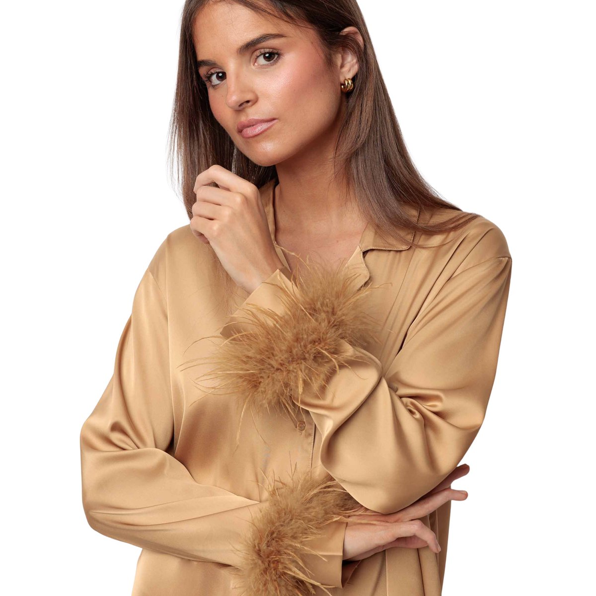 Pyjama satin chemise et pantalon plumes amovibles Plumas Marabu Luxe or, ADMAS