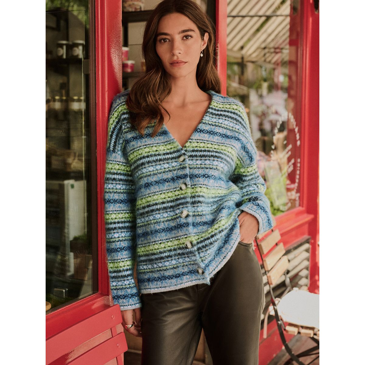 Cardigan à col v effet brossé bleu/vert fairisle, NEXT