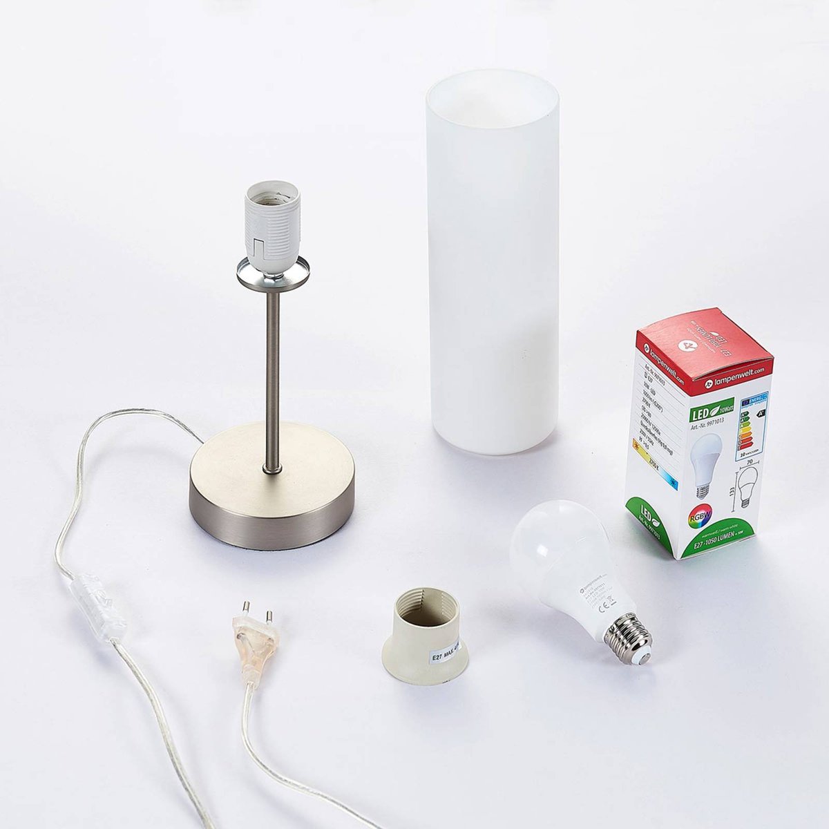 Lampe à poser en verre moderne, Felice blanc, nickel satiné, LINDBY