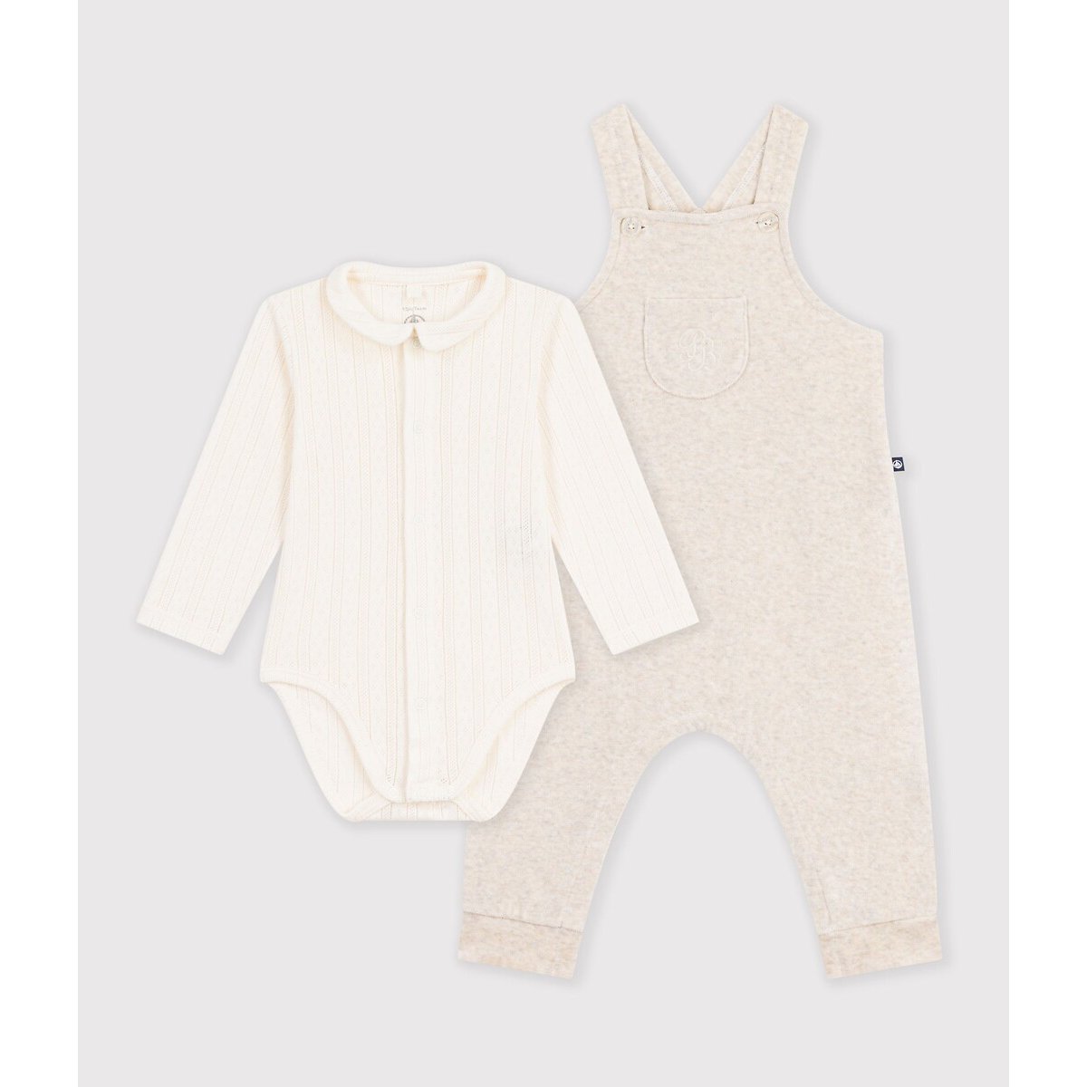 Set da 2 pezzi, salopette con bretelle e body a maniche lunghe beige/écru, PETIT BATEAU