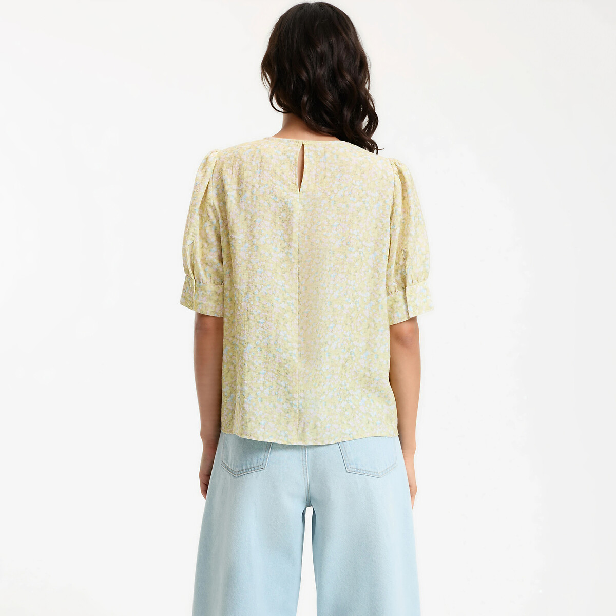 Floral Crew Neck Blouse with 3/4 Length Sleeves yellow floral print, LA REDOUTE COLLECTIONS