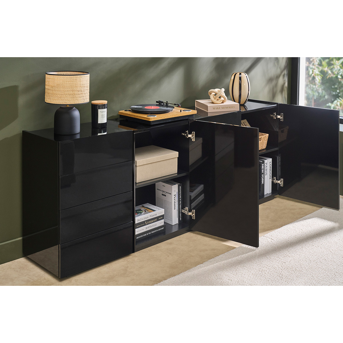 Buffet noir laqué brillant 3 portes 4 tiroirs L200 cm ISAURE noir, MILIBOO