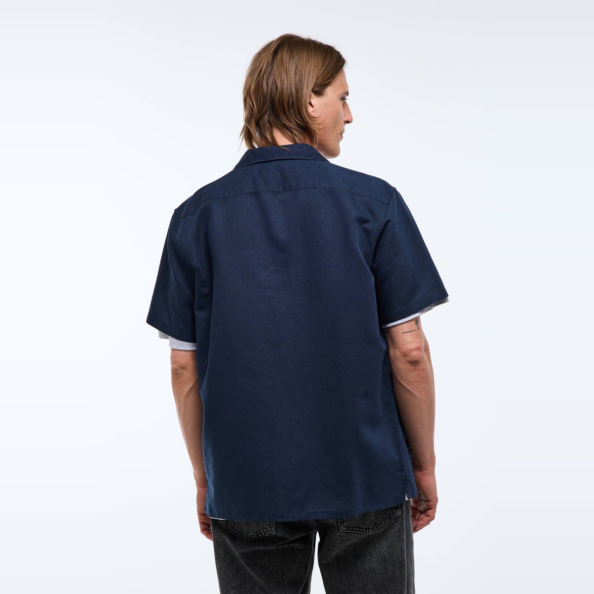 Chemise manches courtes en lin / coton marine, MONOPRIX