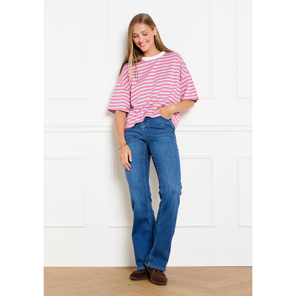 T-shirt rayé manches courtes fuchsia, LOLALIZA