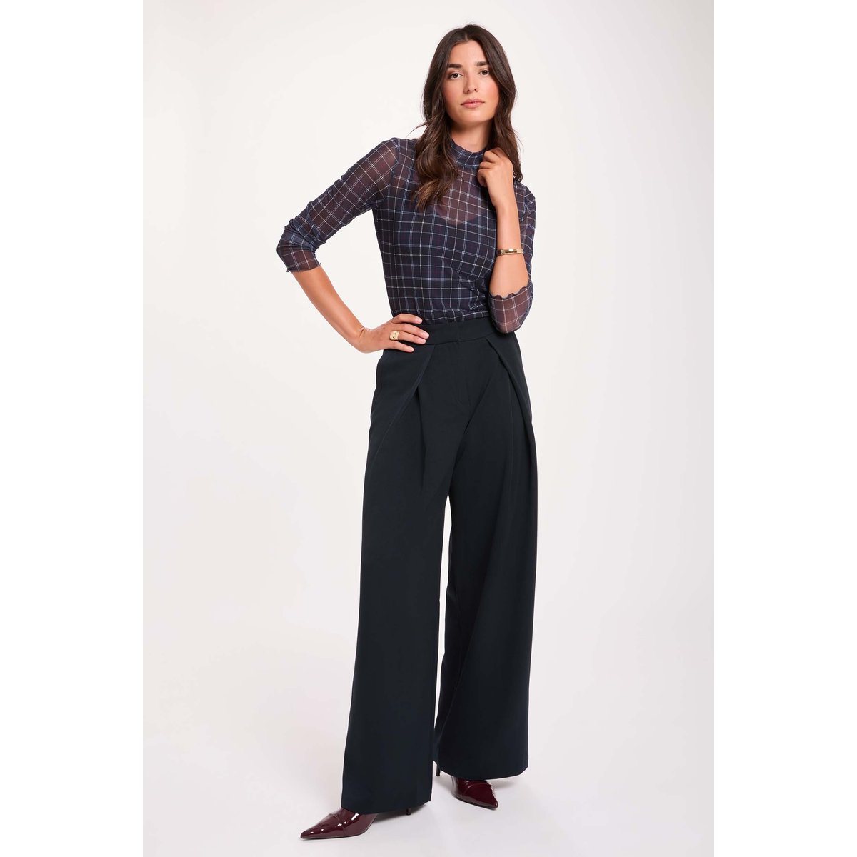 Pantalon large taille haute noir bleu marine, MORGAN