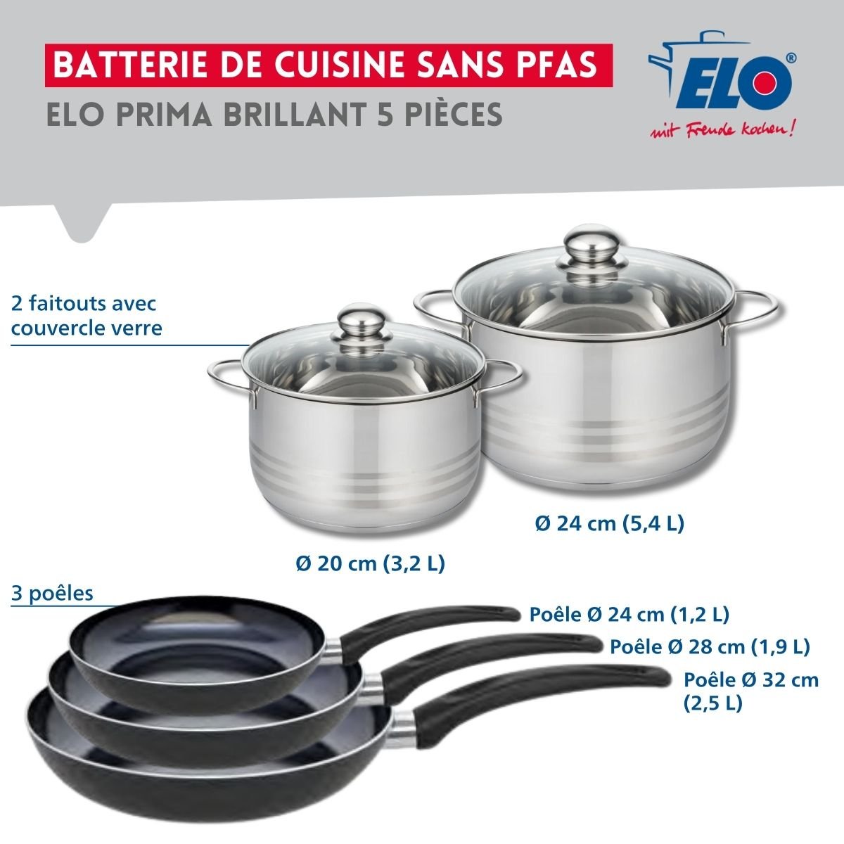 Batterie 3 poêles 24/28/32cm + 2 faitouts 20/24cm PRIMA BRILLANT noir, ELO