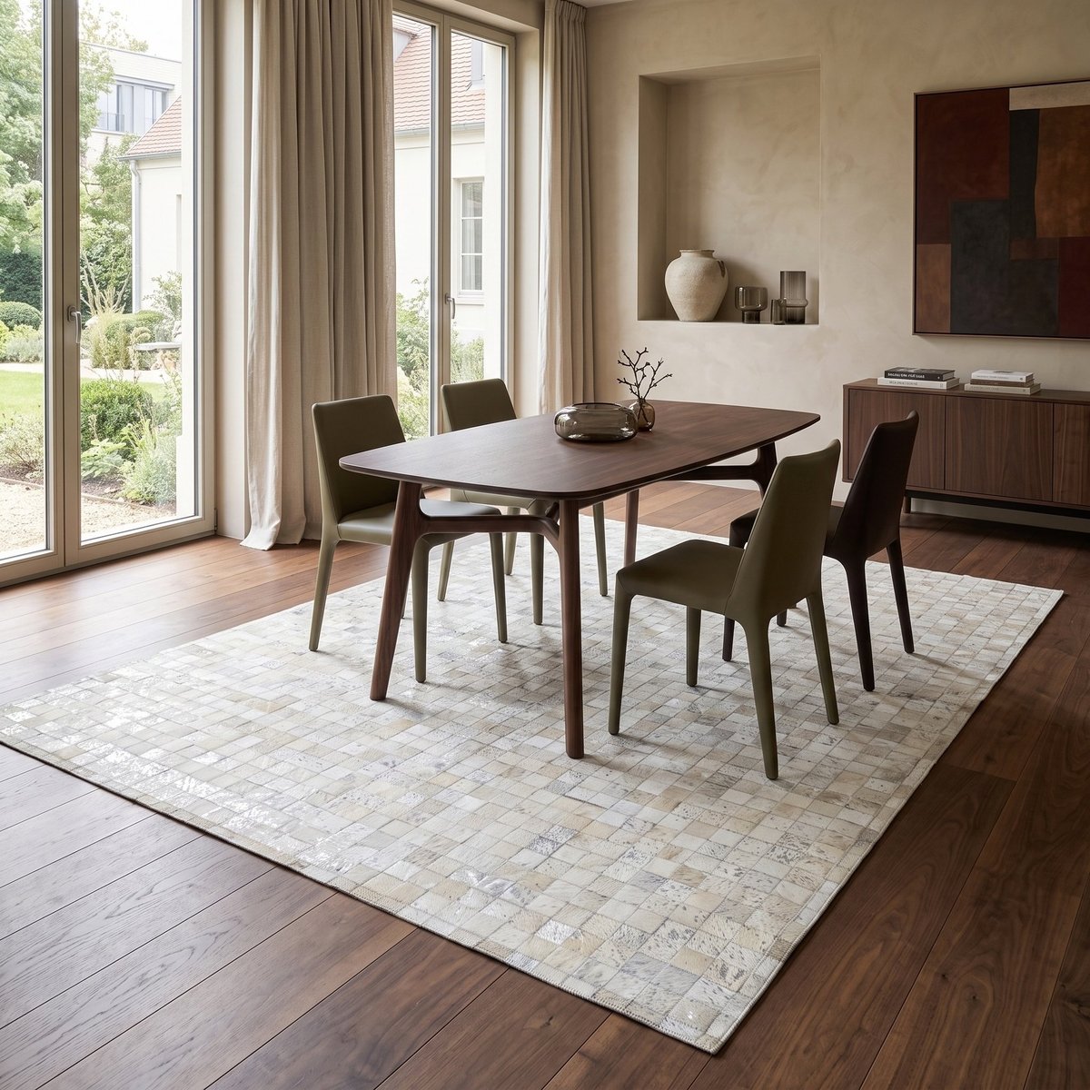 Tapis en cuir véritable CUIR MOZAIQUE METAL SILVER blanc, argenté, THE DECO FACTORY