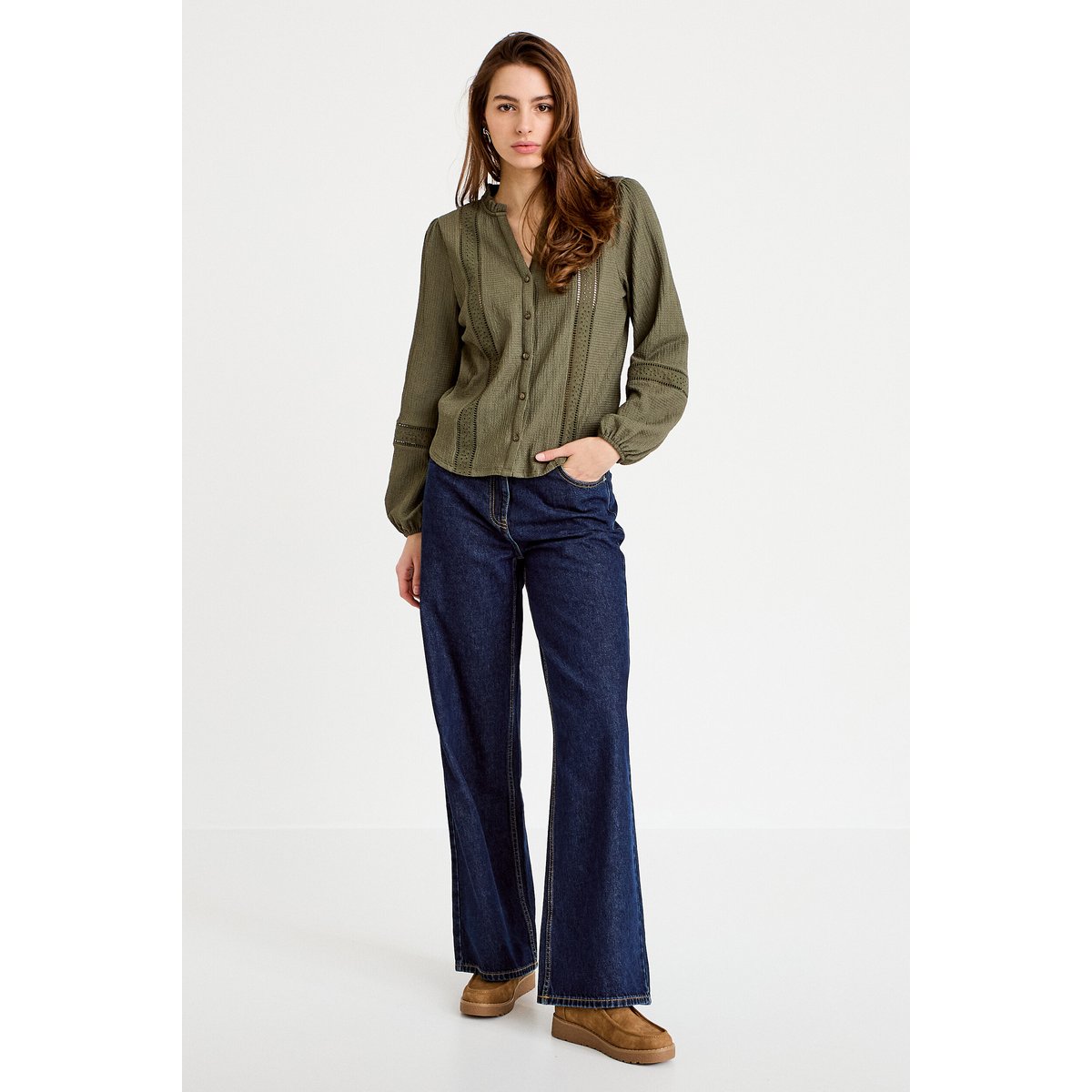 Blouse broderie col V manches longues vert kaki, CACHE CACHE