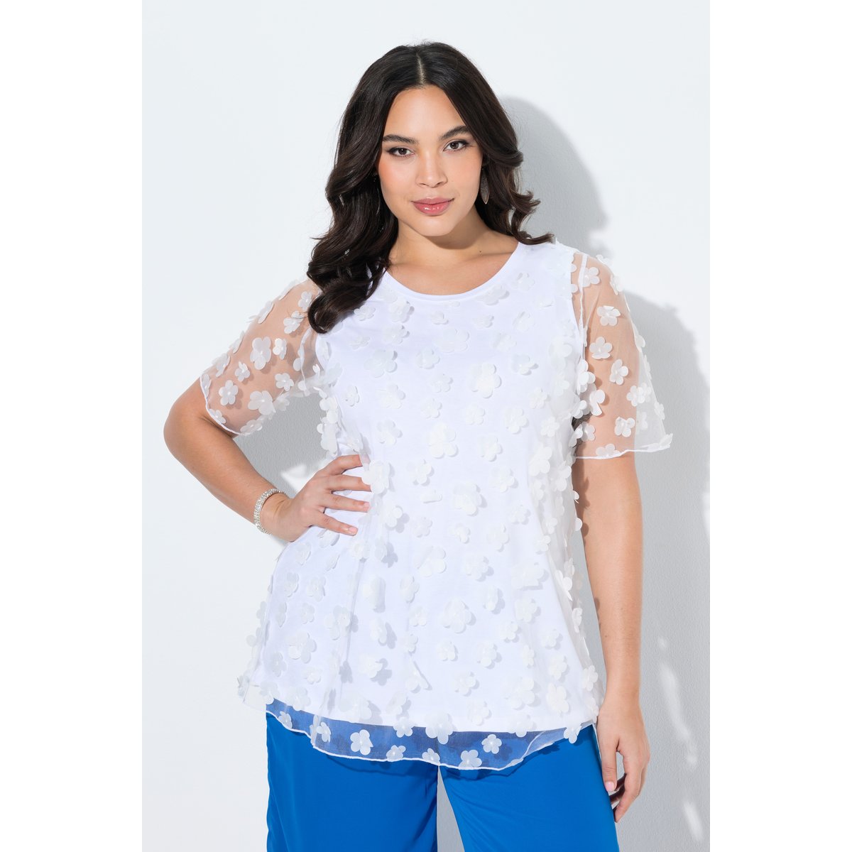 Blouse avec applications florales blanc neige, ULLA POPKEN