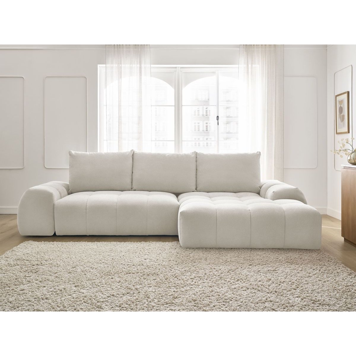 Canapé d'angle convertible 3 places en tissu texturé, EVEREST blanc, BOBOCHIC