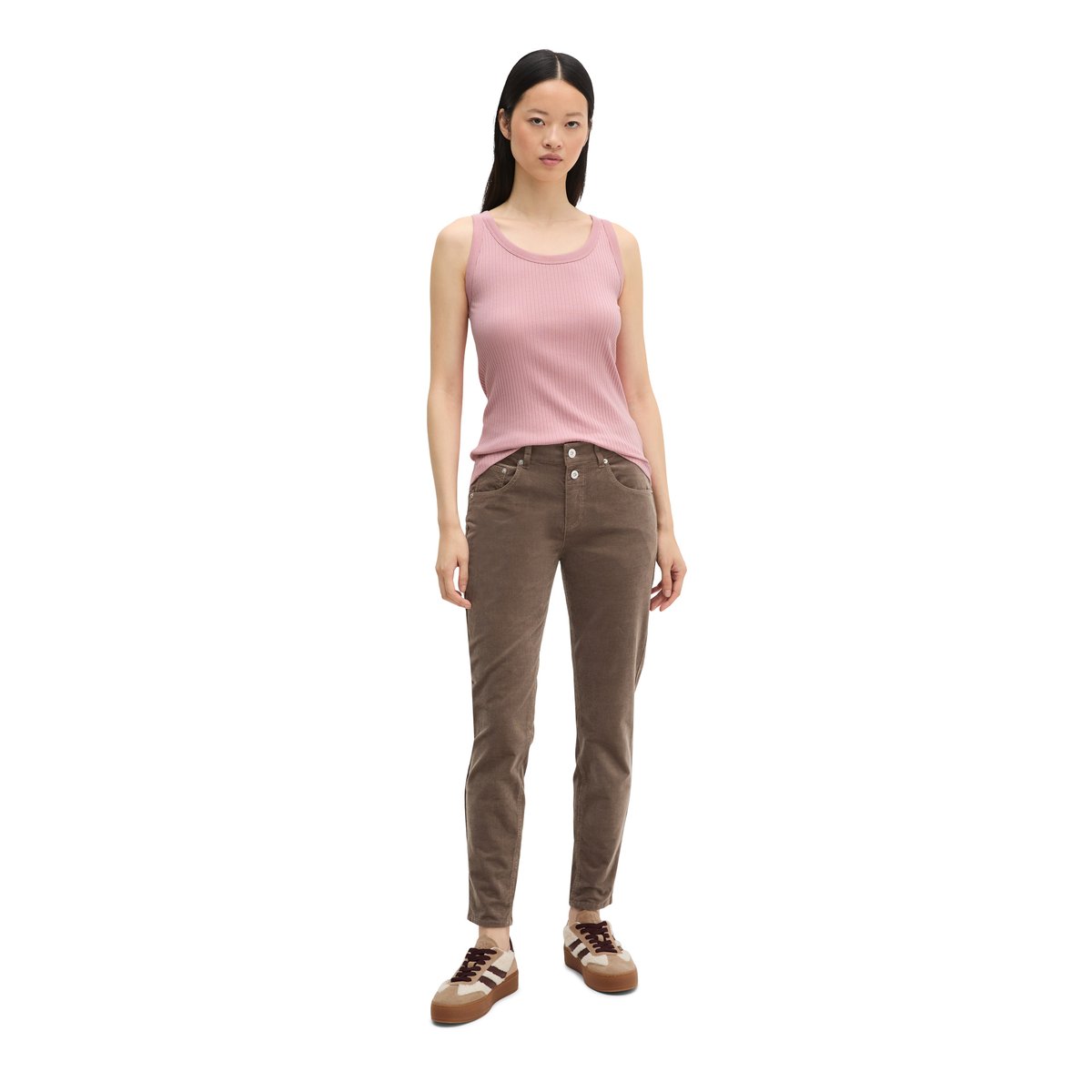 Pantalon à fines côtes modèle Theda boyfriend cropped en coton organique modal stretch marron clair, MARC O'POLO