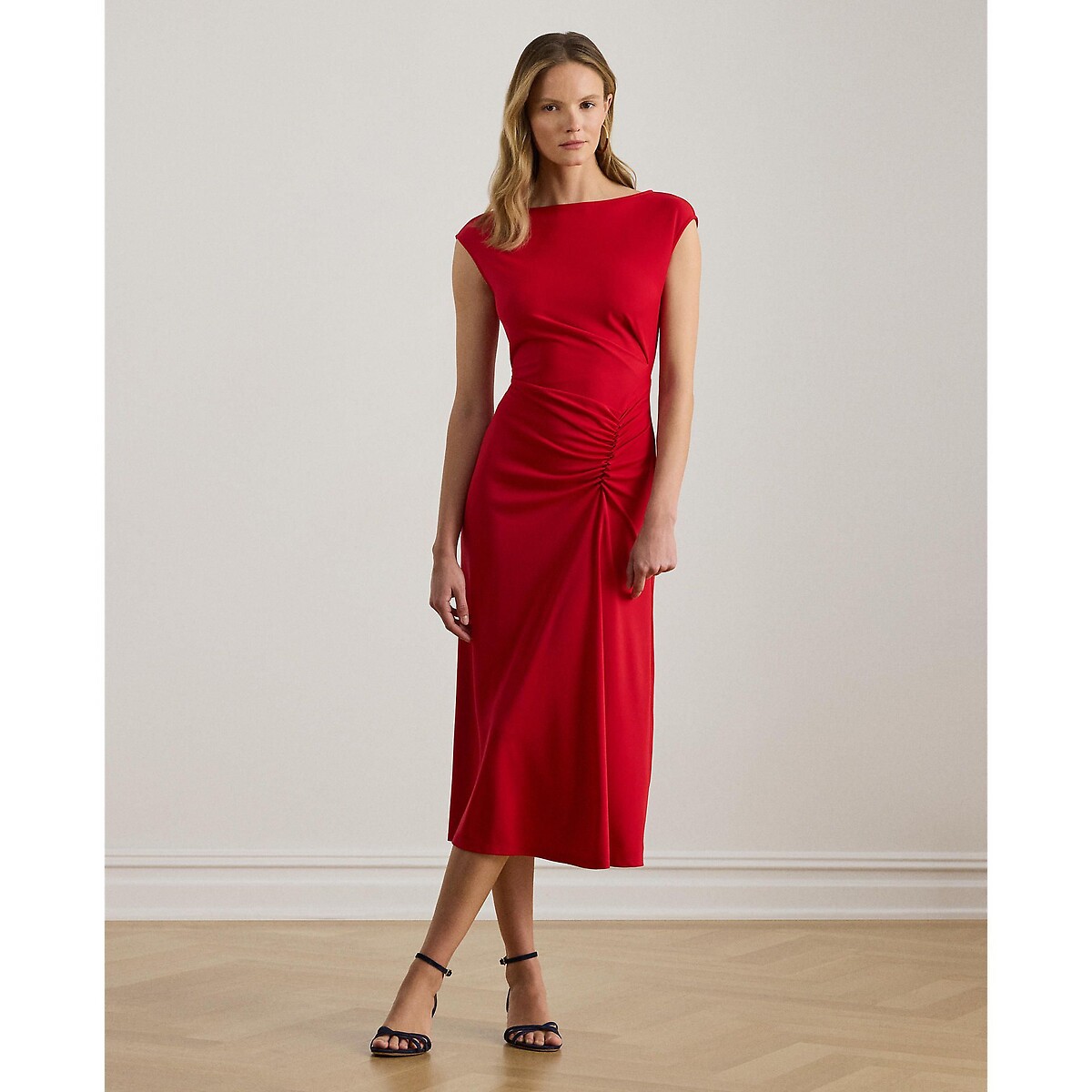 Robe midi manches courtes drapée  rouge, LAUREN RALPH LAUREN