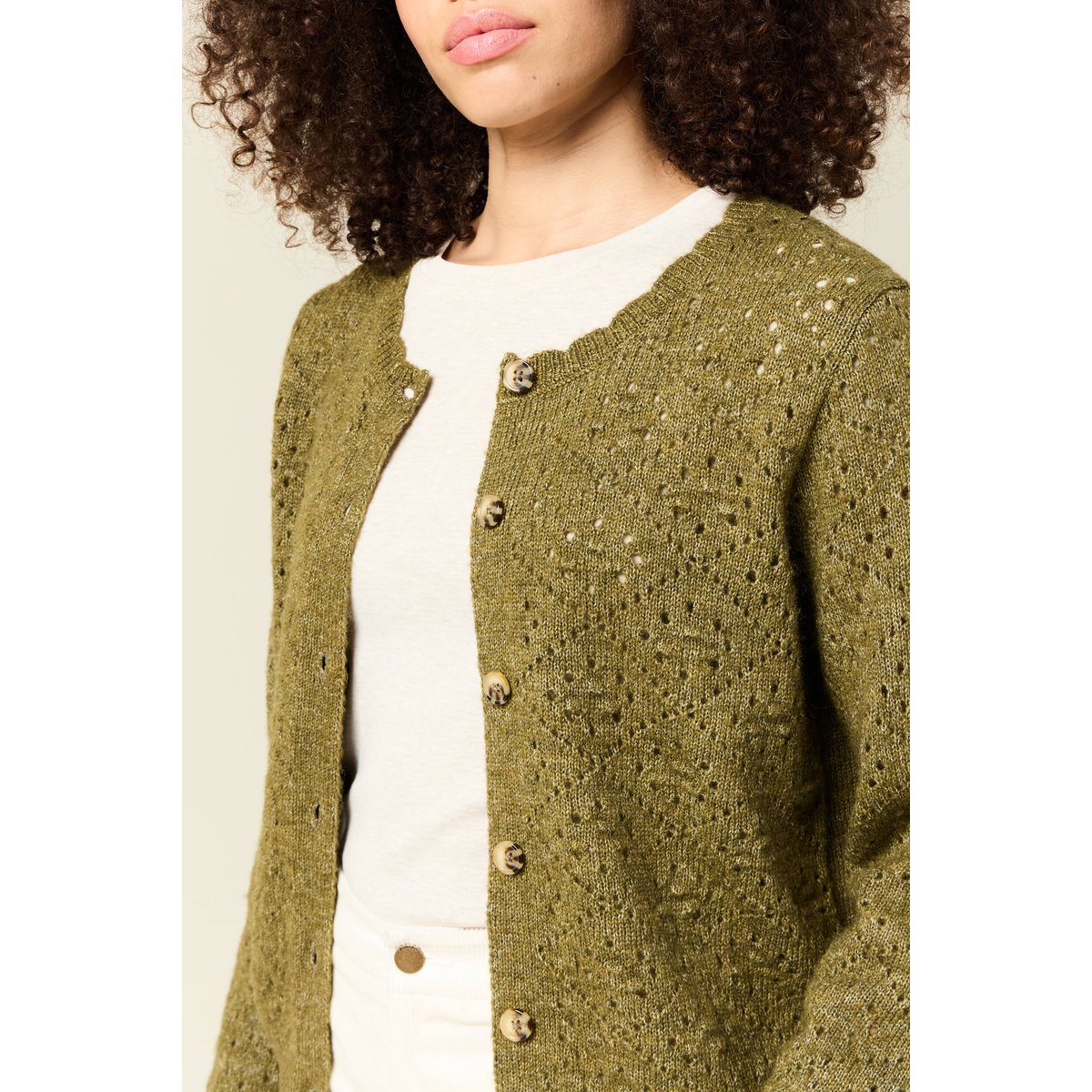 Gilet manches longues col rond vert kaki, BONOBO