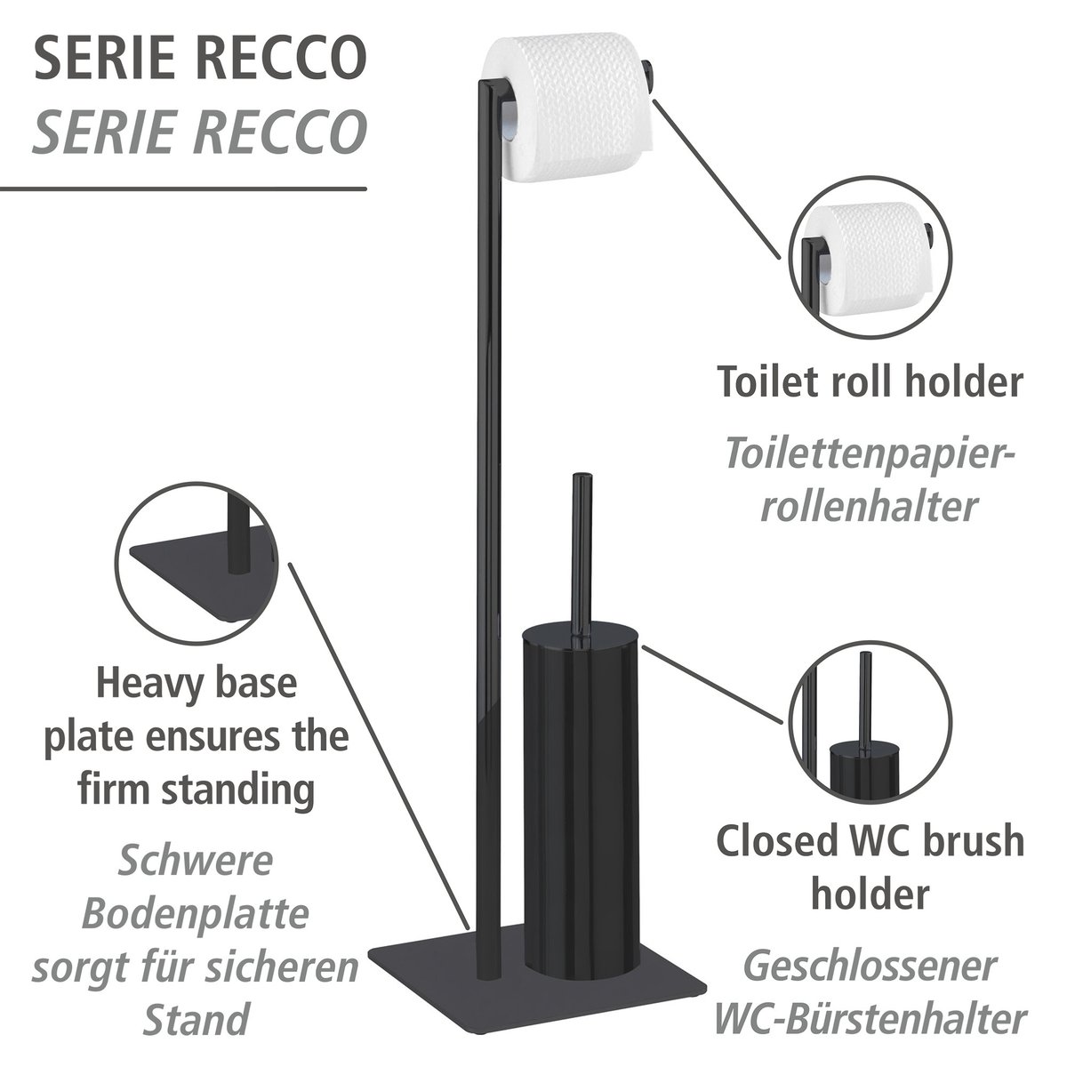 Serviteur WC porte-papier et brosse WC RECCO noir, WENKO