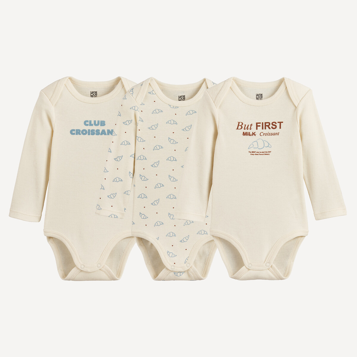 Conjunto de 3 bodies estampados, de manga comprida e com cavas americanas bege/castanho, LA REDOUTE COLLECTIONS