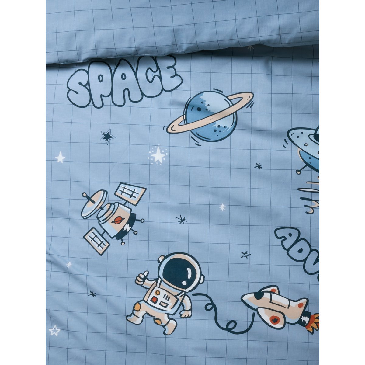 Parure housse de couette + taie d'oreiller INTERGALACTIC, avec coton recyclé bleu imprimé, VERTBAUDET