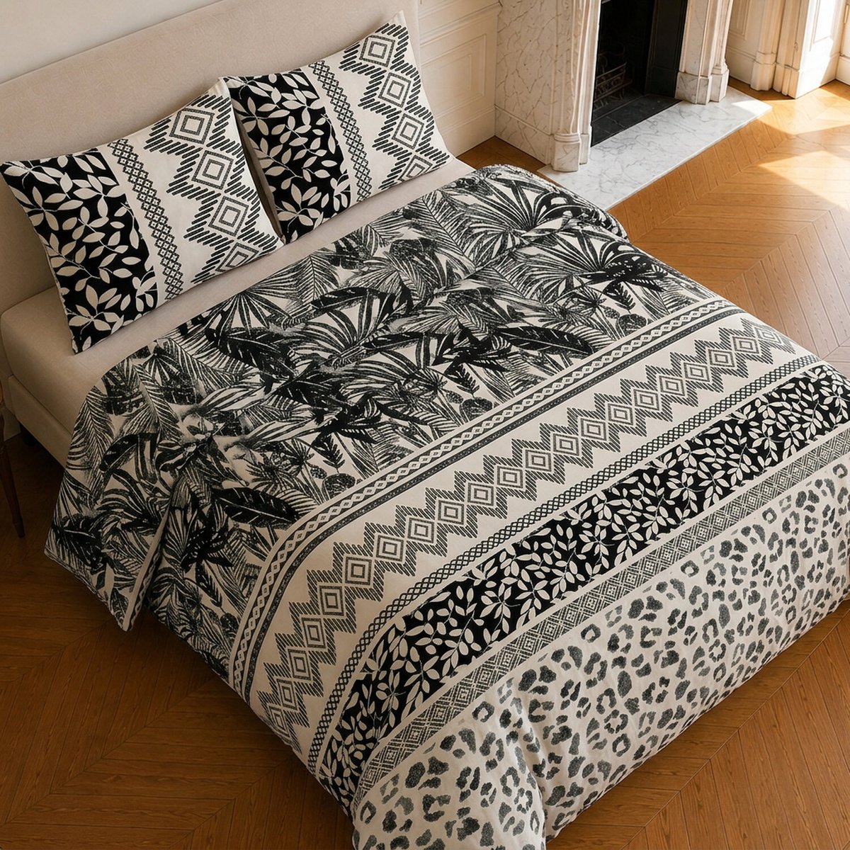 Parure de lit en microfibre motif géométrique, LAVANE blanc / noir, C DESIGN HOME TEXTILE