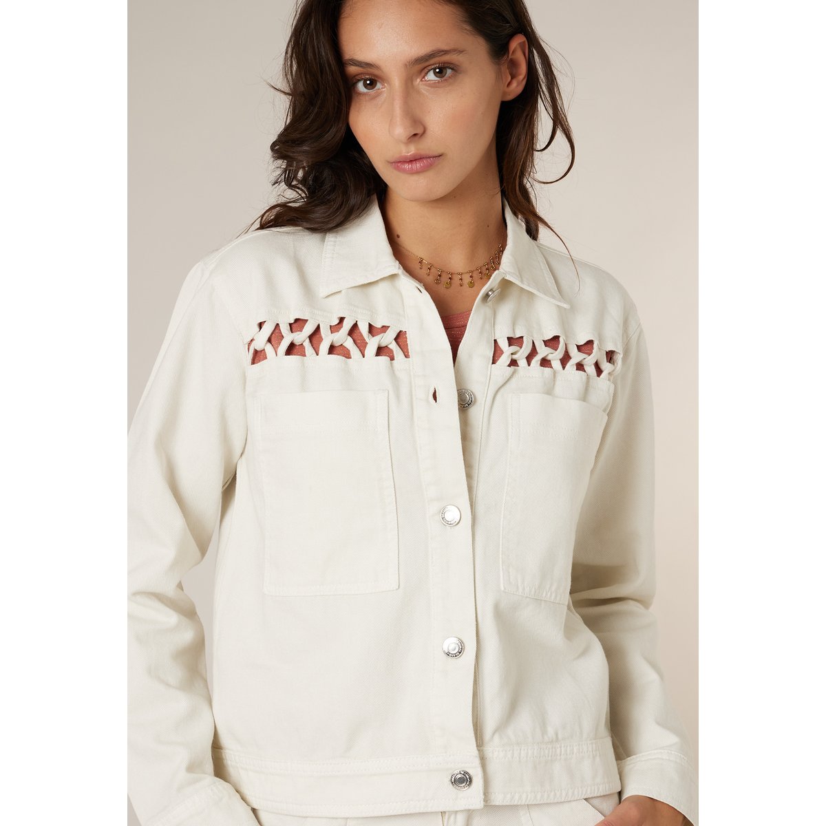 Veste femme légère ajourée en coton LAROSSA blanc cassé, DEELUXE