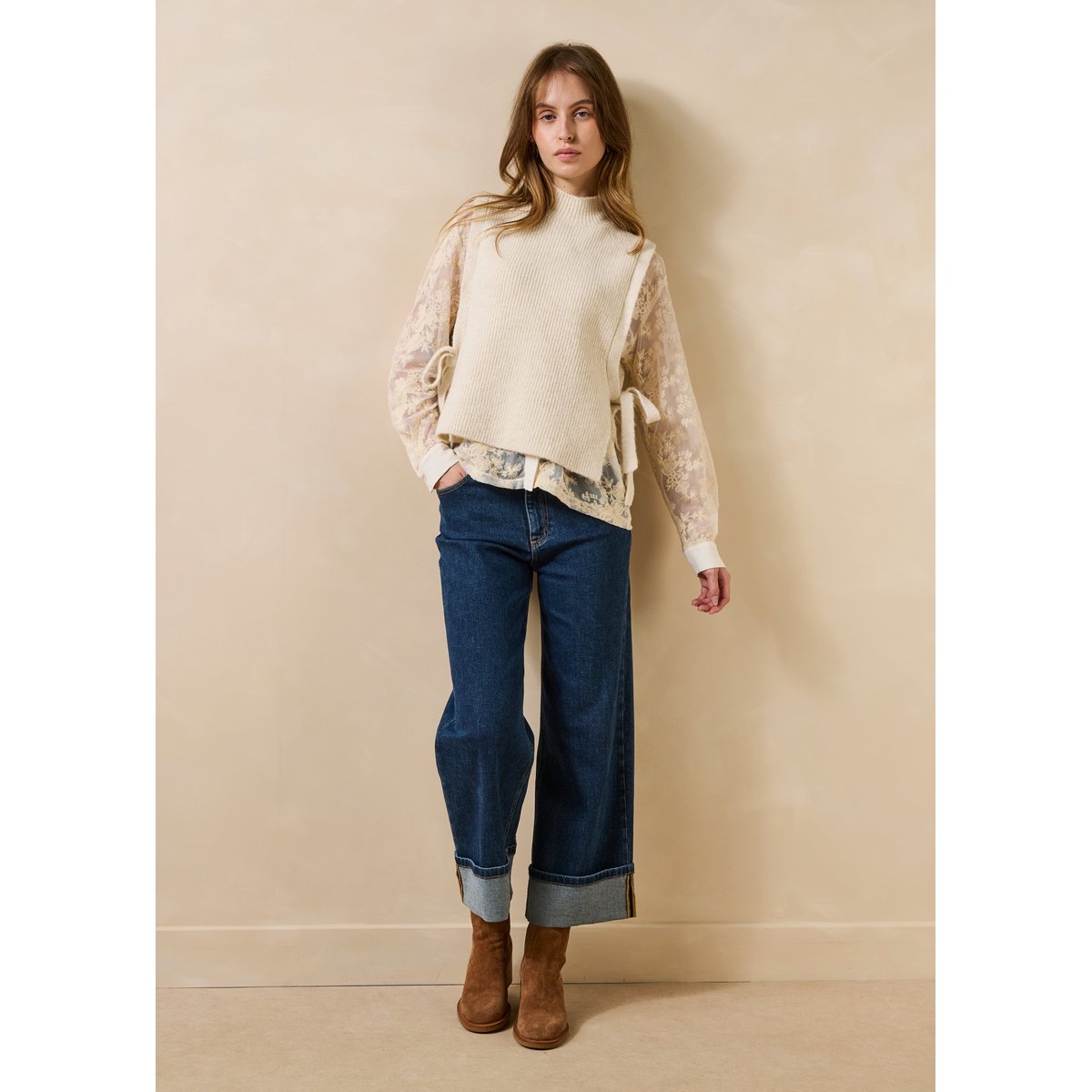Pull sans manches en côtes ecru, LA FEE MARABOUTEE
