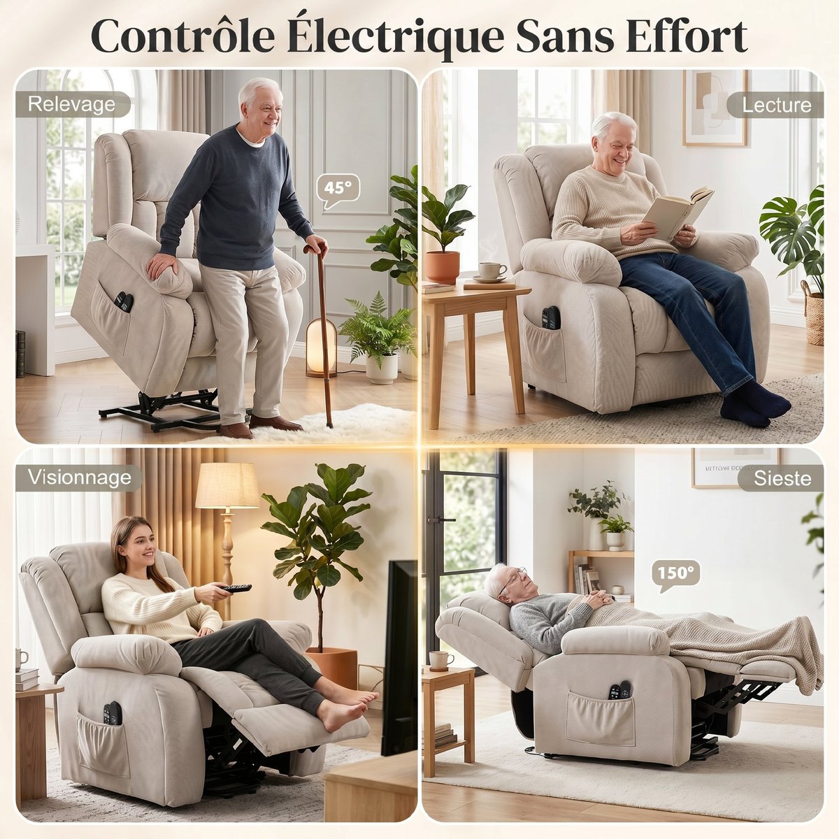 Fauteuil releveur multifonctionnel Velours beige, HOMCOM
