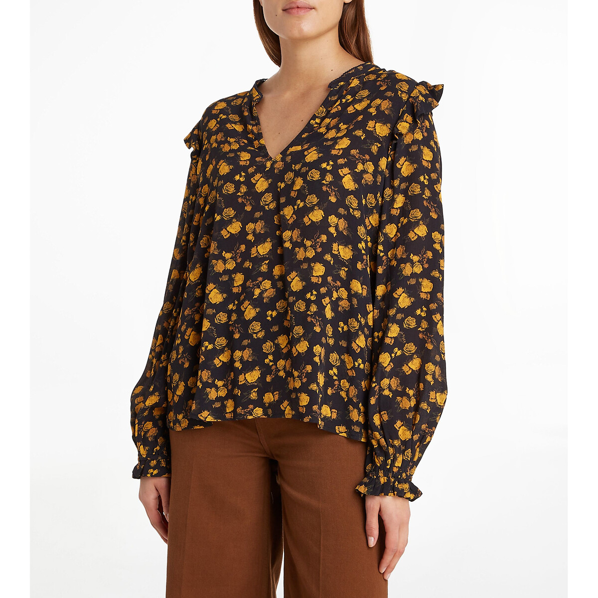 Camicetta scollo a v fantasia floreale, maniche lunghe fantasia arancione, TOMMY HILFIGER