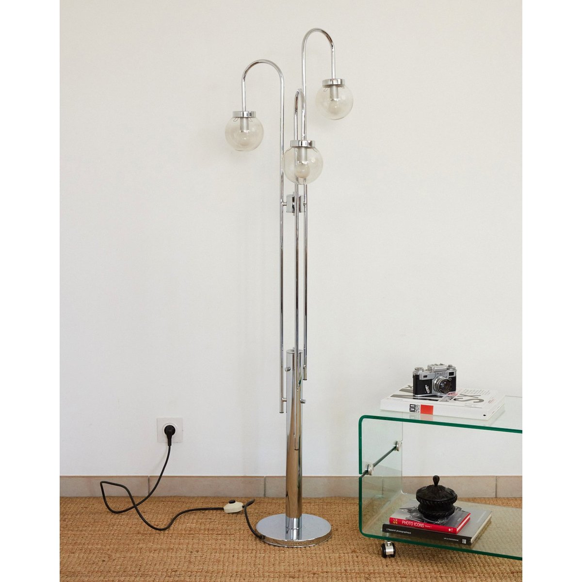 Lampadaire 3 branches en chrome Julien N°436 - Bon état gris, DEBONGOUT
