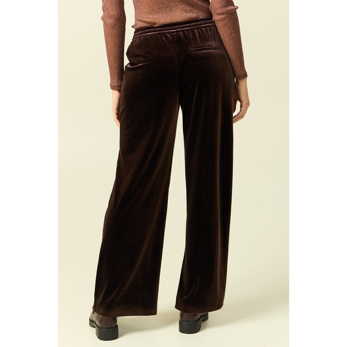Pantalon large taille haute en velours marron foncé, BONOBO