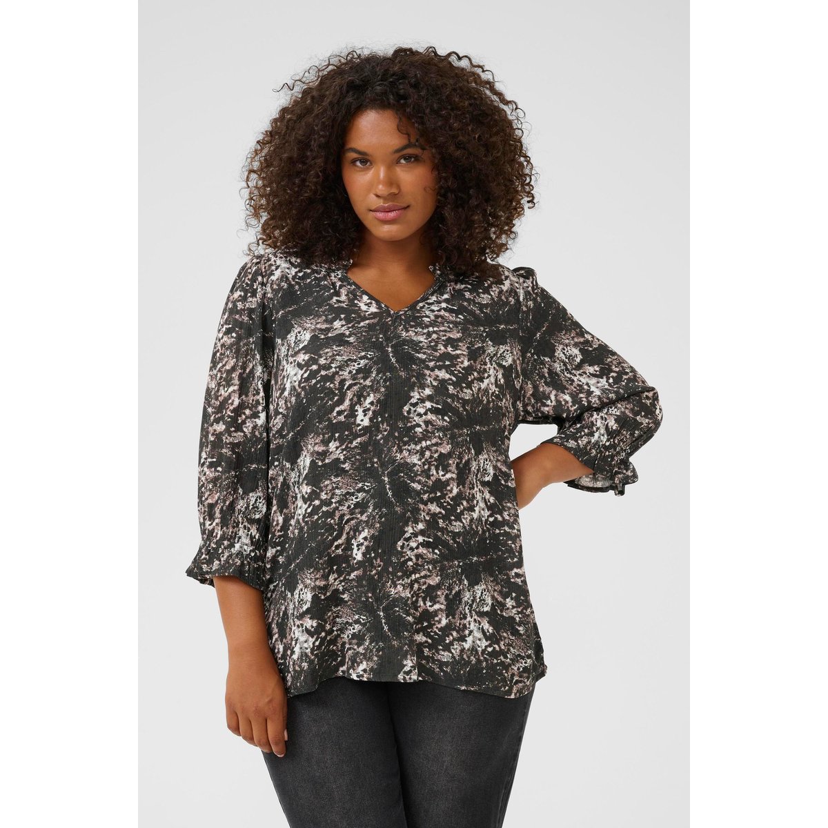 Blouse à manches longues noir/gris  imprimé graphique, KAFFE CURVE
