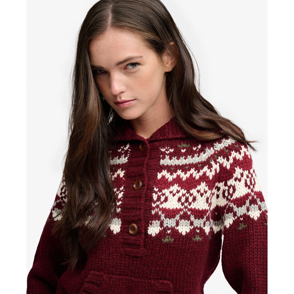 Sweat à capuche Fairisle ½ Bouton Coupe Décontractée rouge multi, SUPERDRY