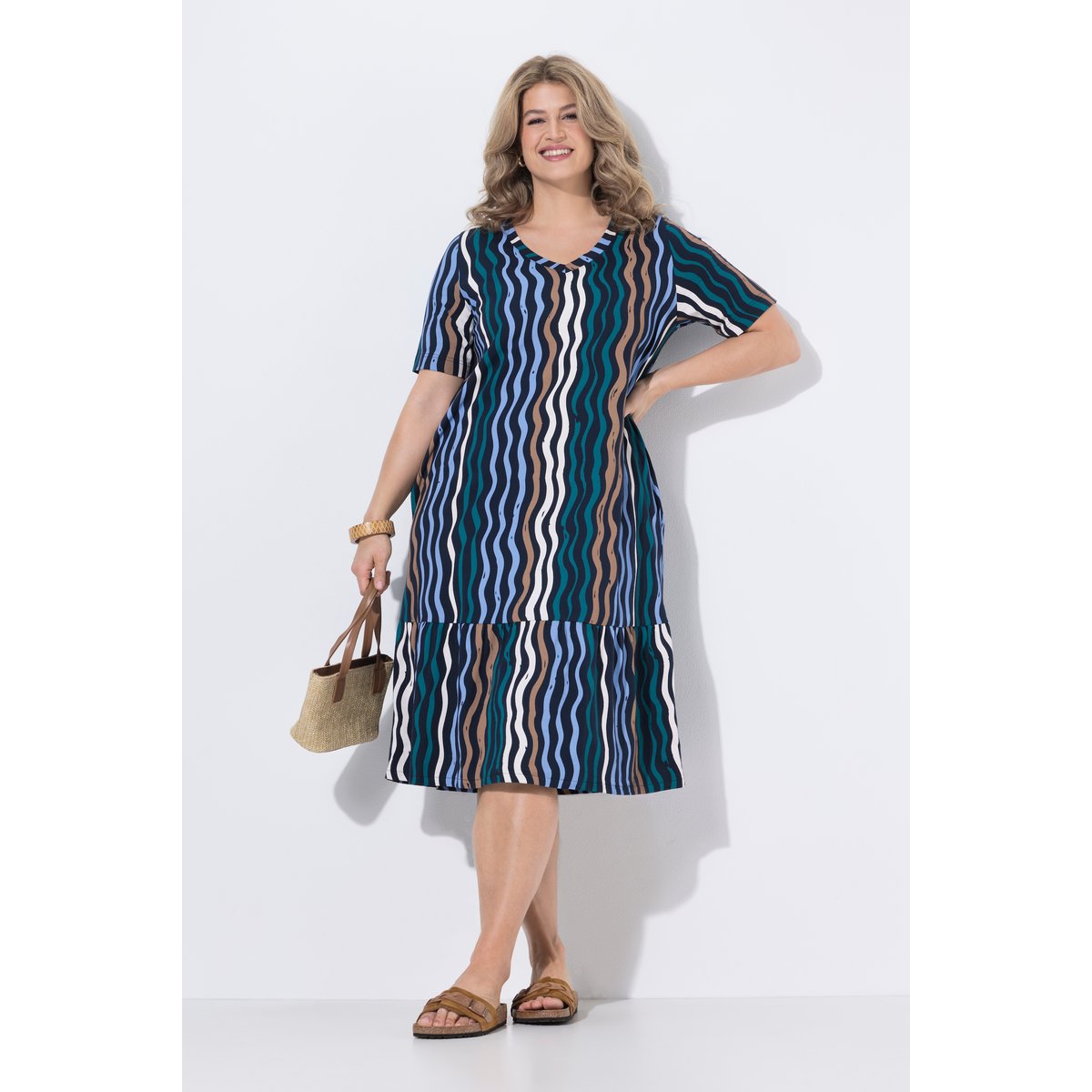 Robe midi en coton bio, motif vagues marine, ULLA POPKEN