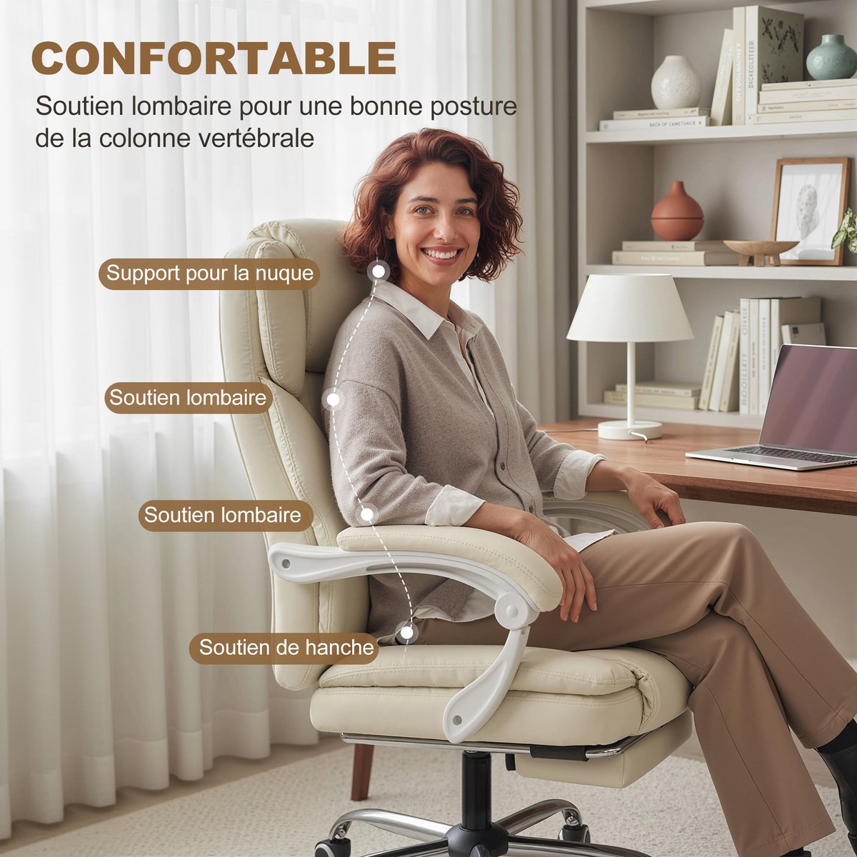 Chaise de bureau Cuir synthétique Beige beige, HOMCOM