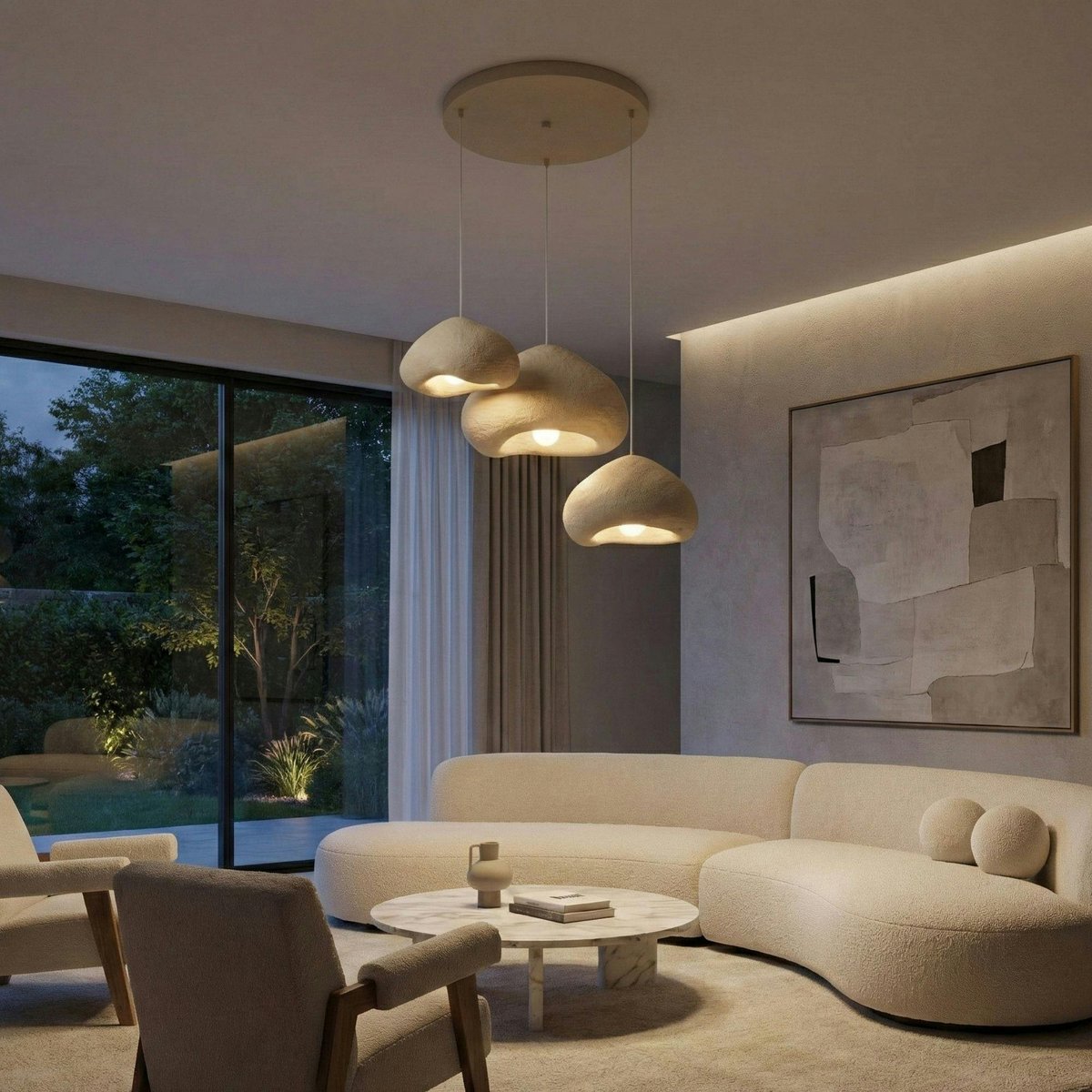 Suspension beige design organique 3 abat-jour NOXIS beige, PIER IMPORT
