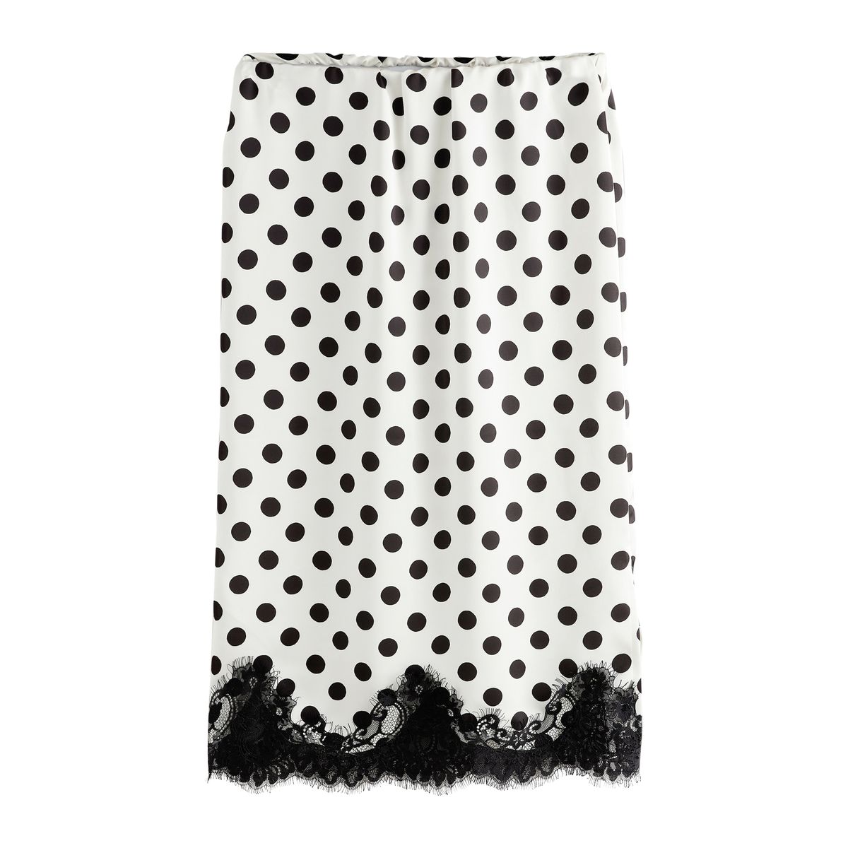 Jupe mi-longue en satin à liseré dentelle crème/pois noirs, NEXT